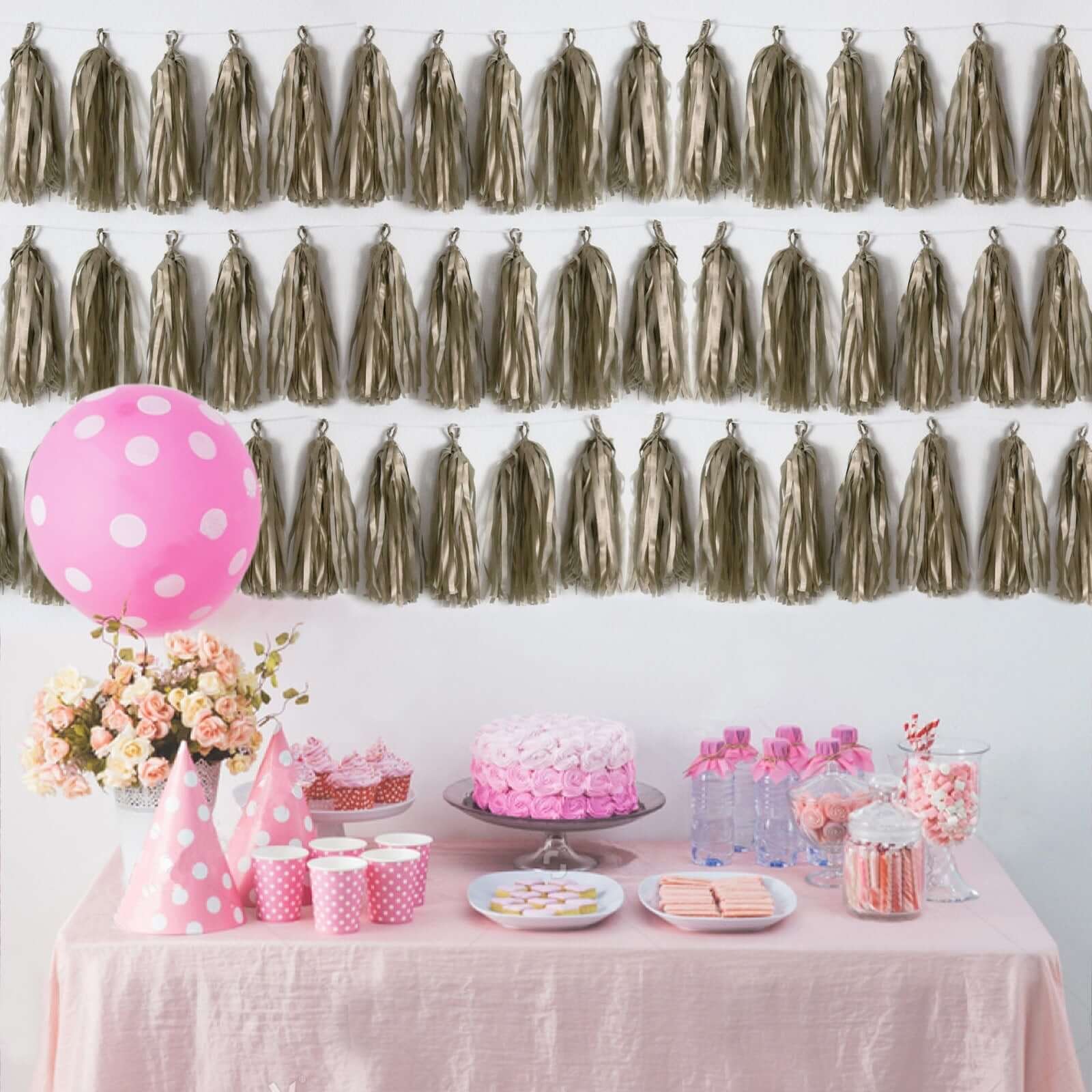 12 Pack Pre-Tied Antique Gold Paper Fringe Tassels With Garland String, Hanging Streamer Banner - Image 4