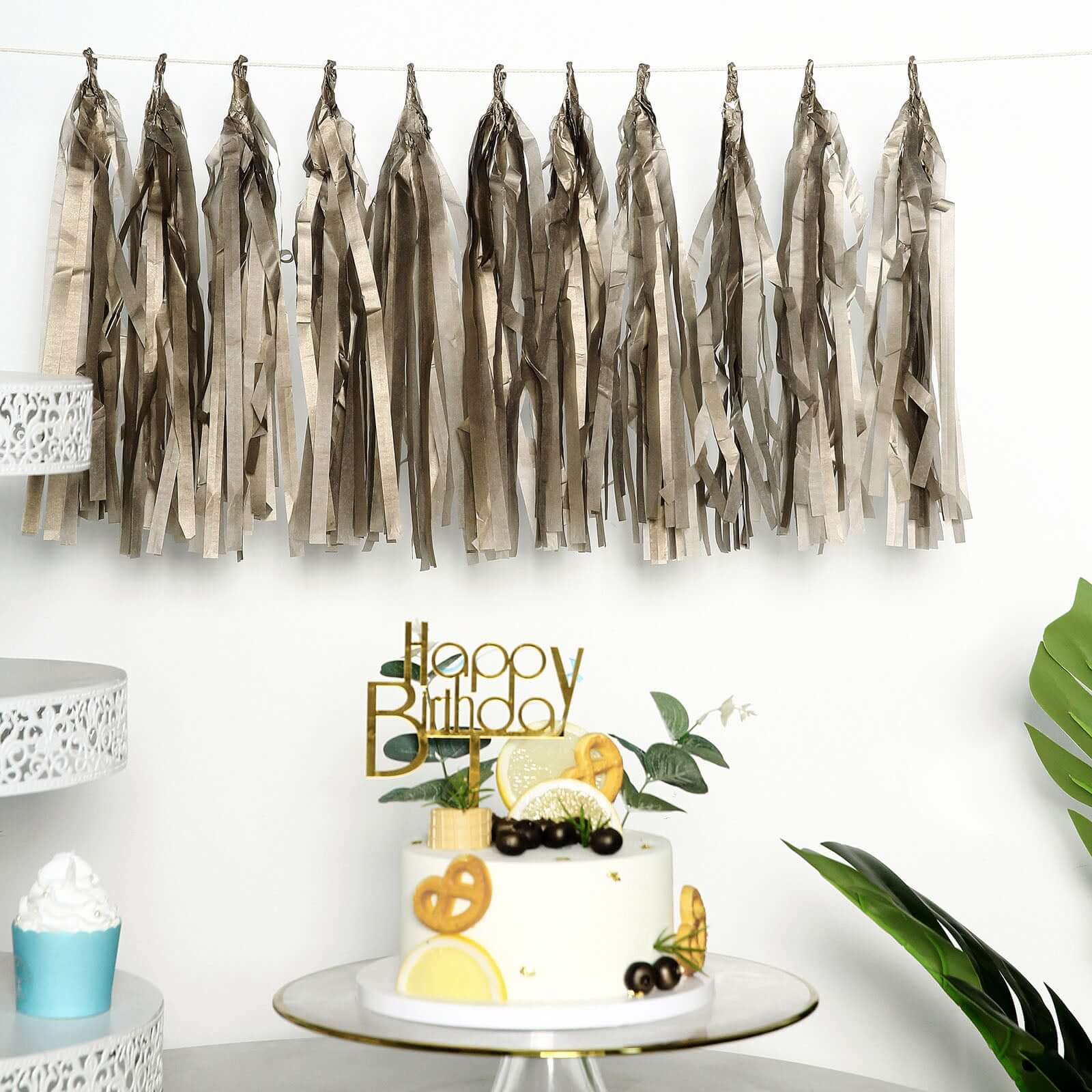 12 Pack Pre-Tied Antique Gold Paper Fringe Tassels With Garland String, Hanging Streamer Banner - Image 8