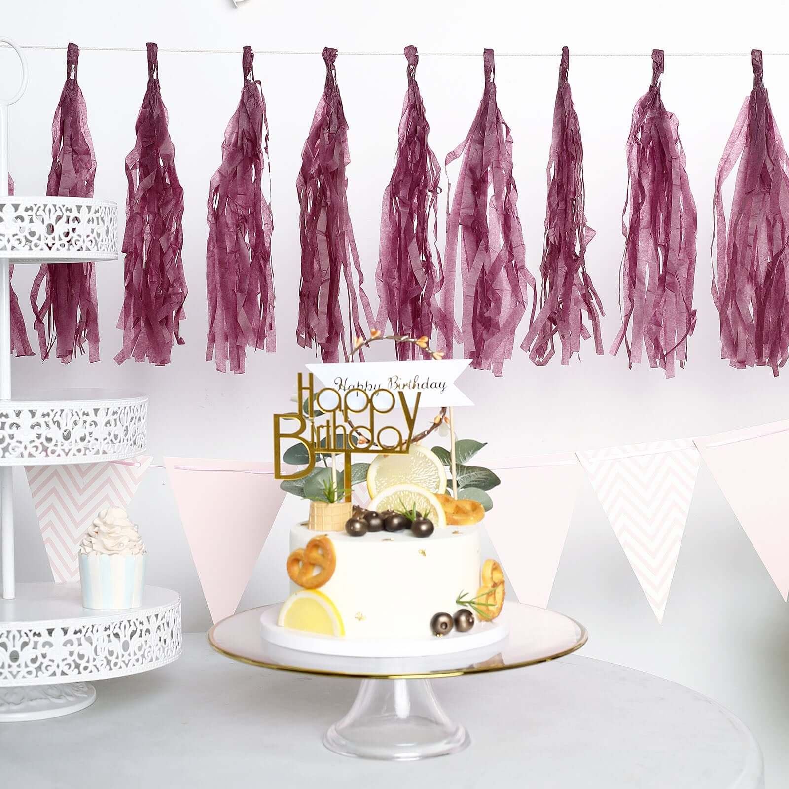 12 Pack Pre-Tied Eggplant Tissue Paper Tassel Garland With String, Hanging Fringe Party Streamer Backdrop Decor - Image 6