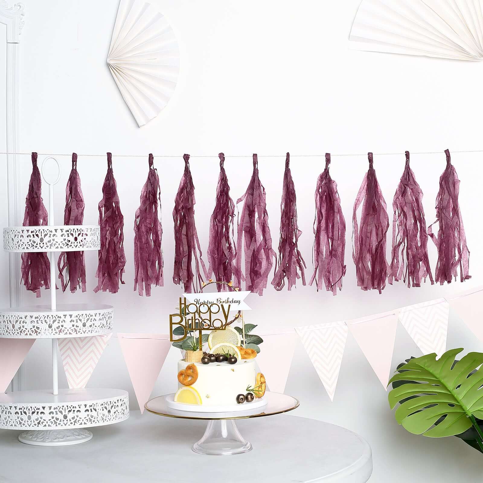 12 Pack Pre-Tied Eggplant Tissue Paper Tassel Garland With String, Hanging Fringe Party Streamer Backdrop Decor - Image 8