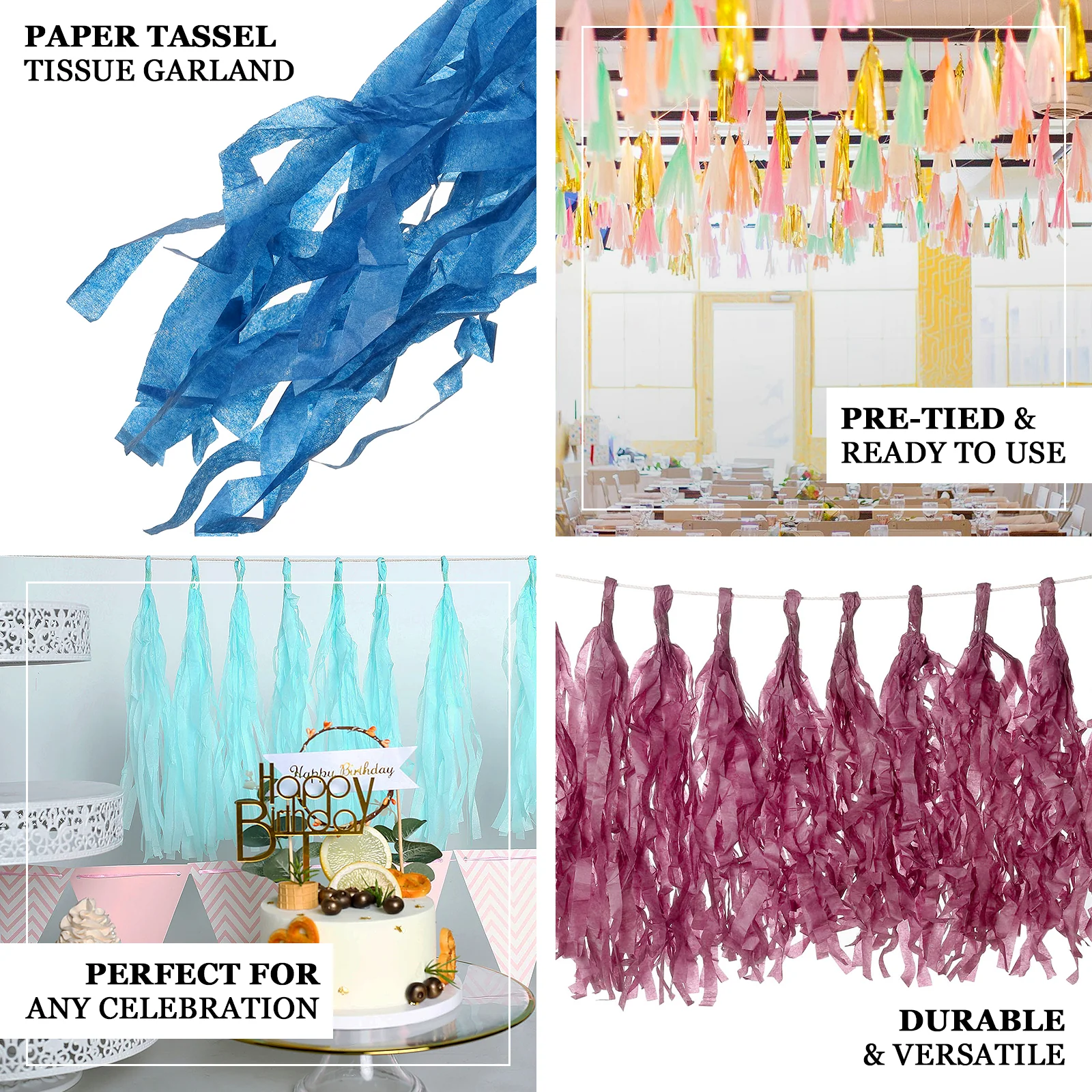 12 Pack Pre-Tied Fuchsia Paper Fringe Tassels With Garland String, Hanging Streamer Banner - Image 3