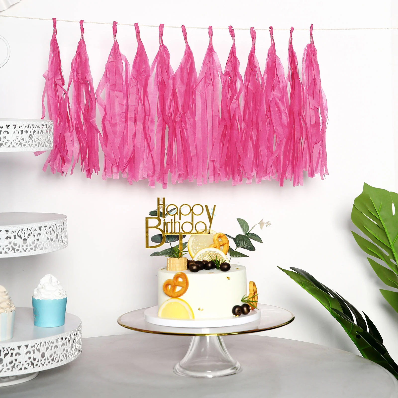 12 Pack Pre-Tied Fuchsia Paper Fringe Tassels With Garland String, Hanging Streamer Banner - Image 8