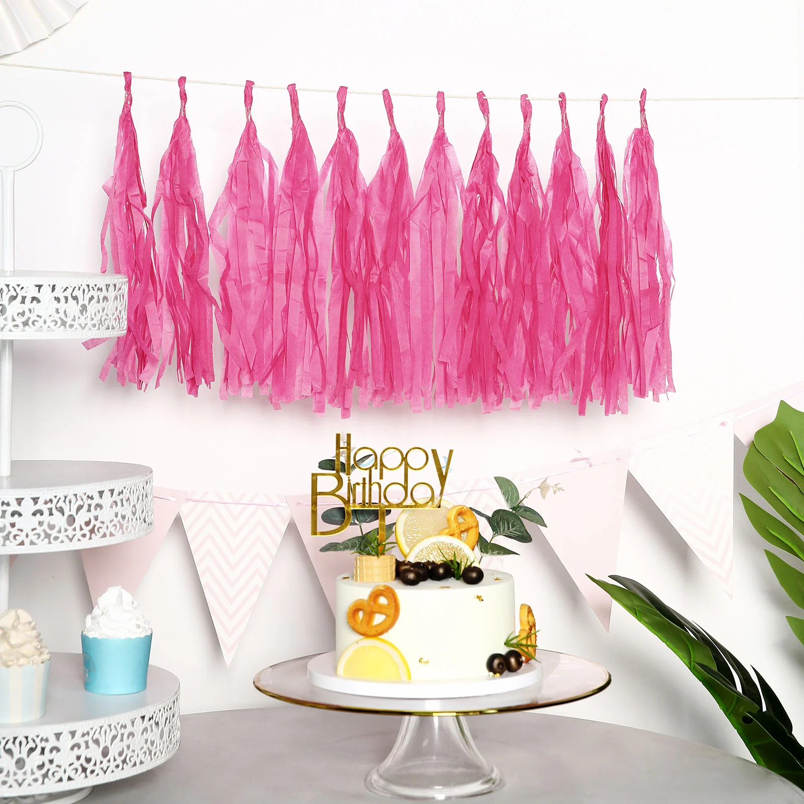 12 Pack Pre-Tied Fuchsia Paper Fringe Tassels With Garland String, Hanging Streamer Banner - Image 9