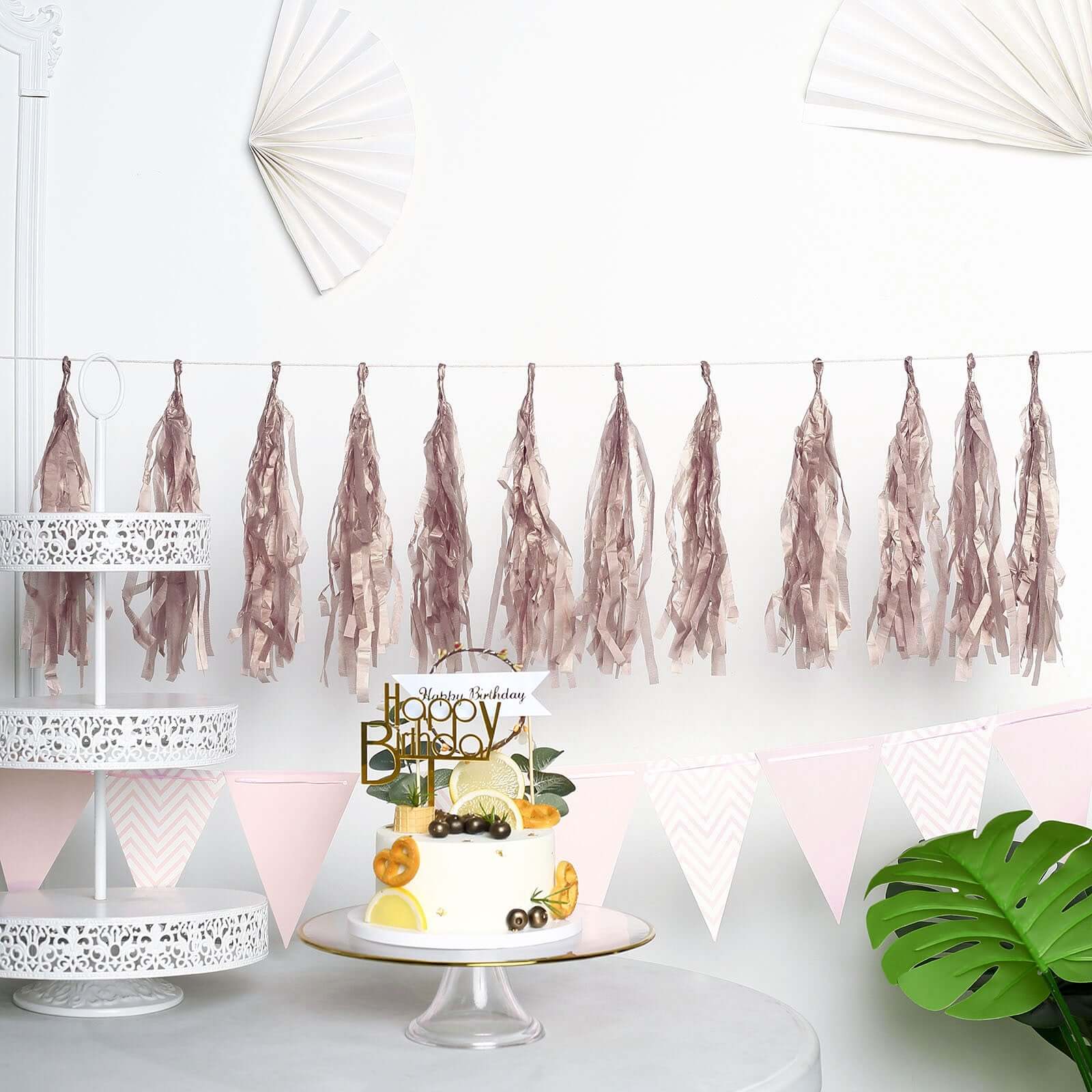 12 Pack Pre-Tied Rose Gold Paper Fringe Tassels With Garland String, Hanging Streamer Banner - Image 10