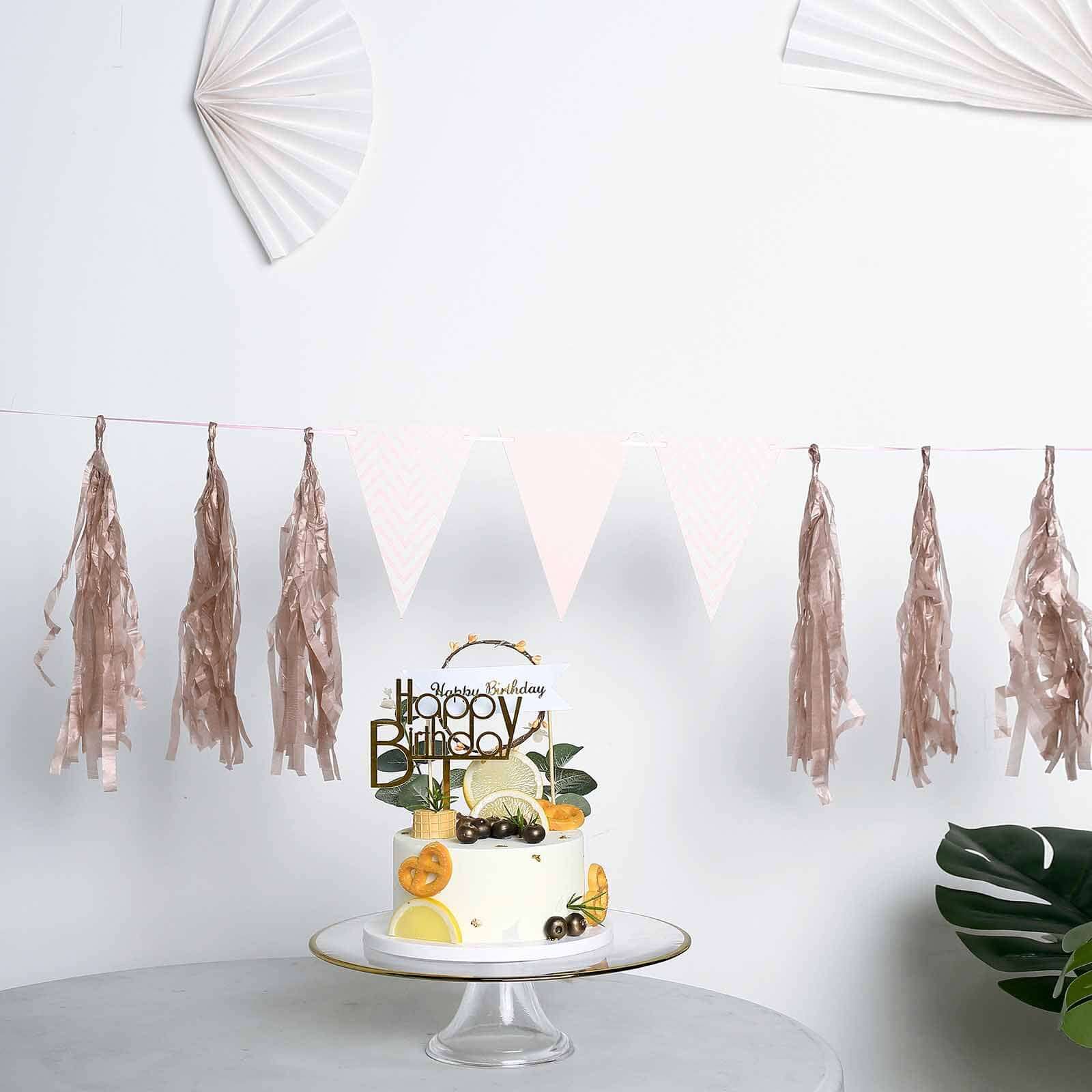 12 Pack Pre-Tied Rose Gold Paper Fringe Tassels With Garland String, Hanging Streamer Banner - Image 2