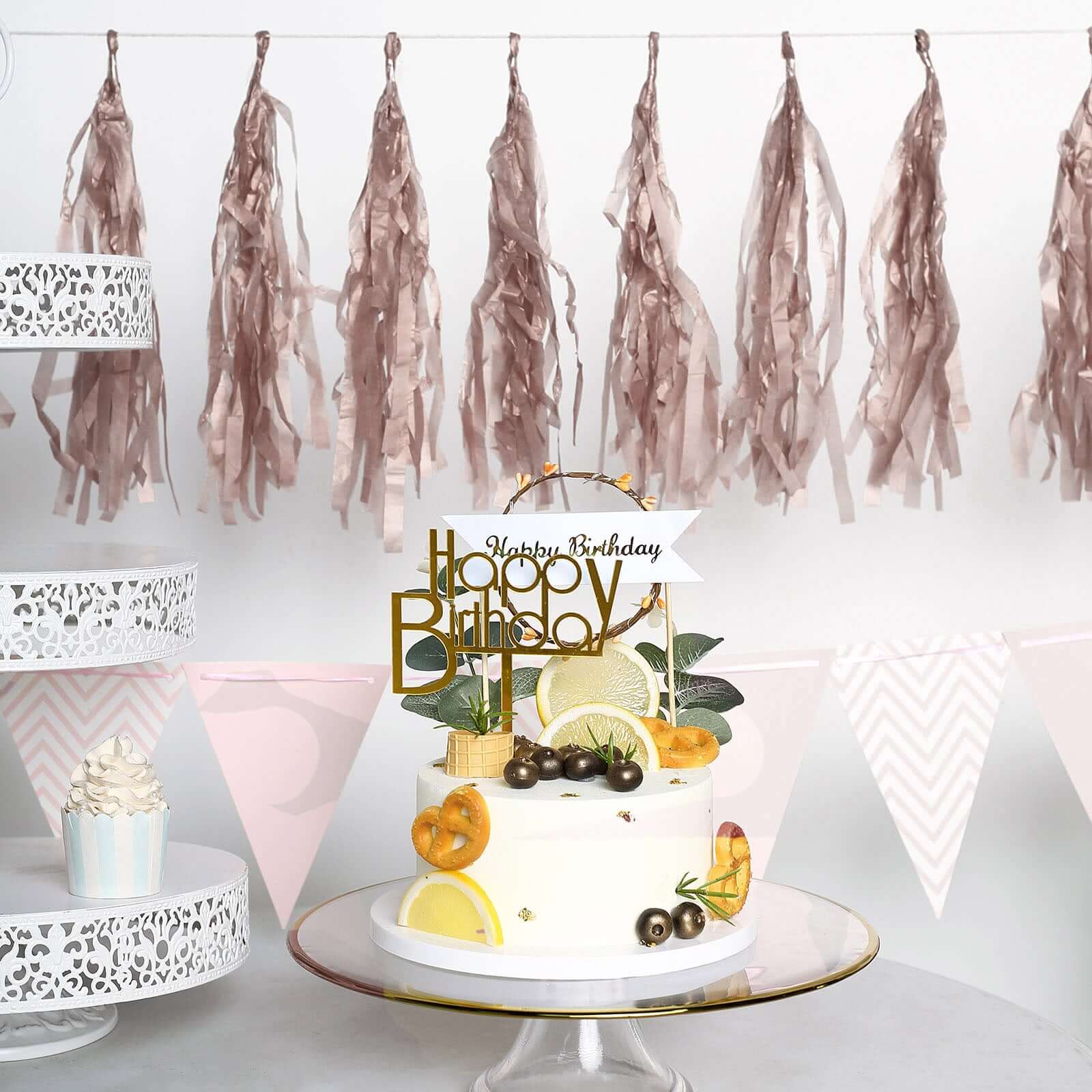 12 Pack Pre-Tied Rose Gold Paper Fringe Tassels With Garland String, Hanging Streamer Banner - Image 6