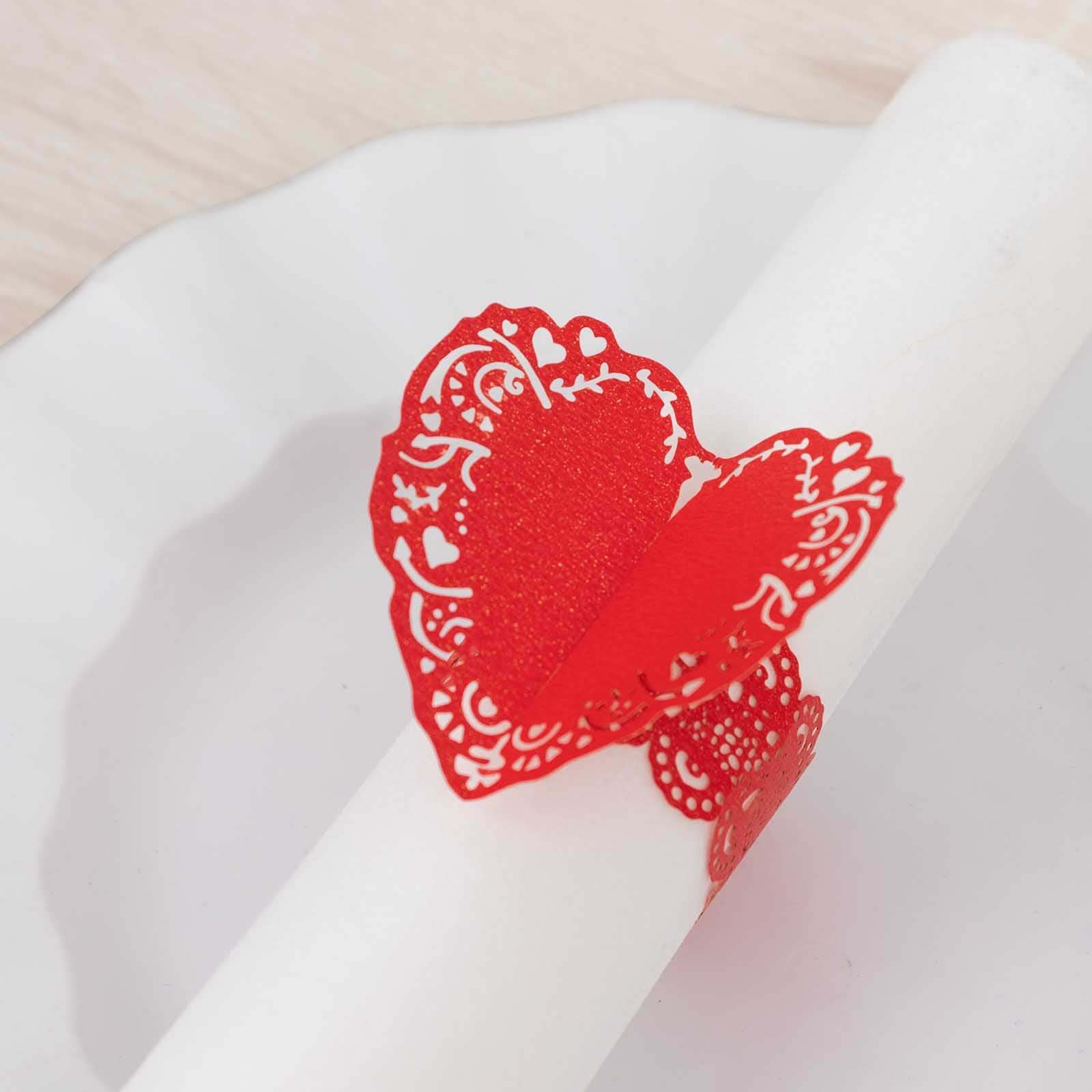 12 Pack Red Shimmery Laser Cut Heart Paper Napkin Rings with Lace Pattern, Disposable Napkin Holders Bands - Image 2