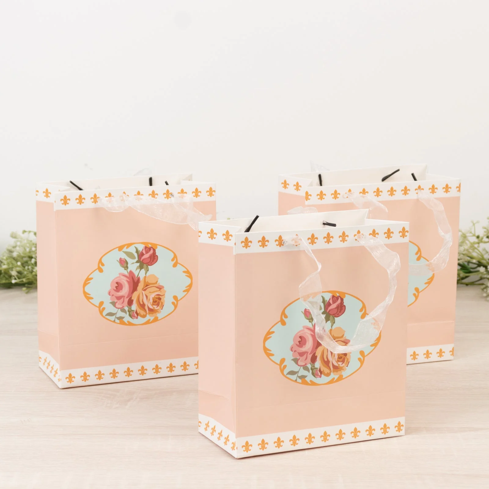 12-Pack Gift Bags Vintage Rose Floral Tea Party, Dusty Rose Paper Goodie Favor Bags with Ribbon Handles, 6"x7"x3"