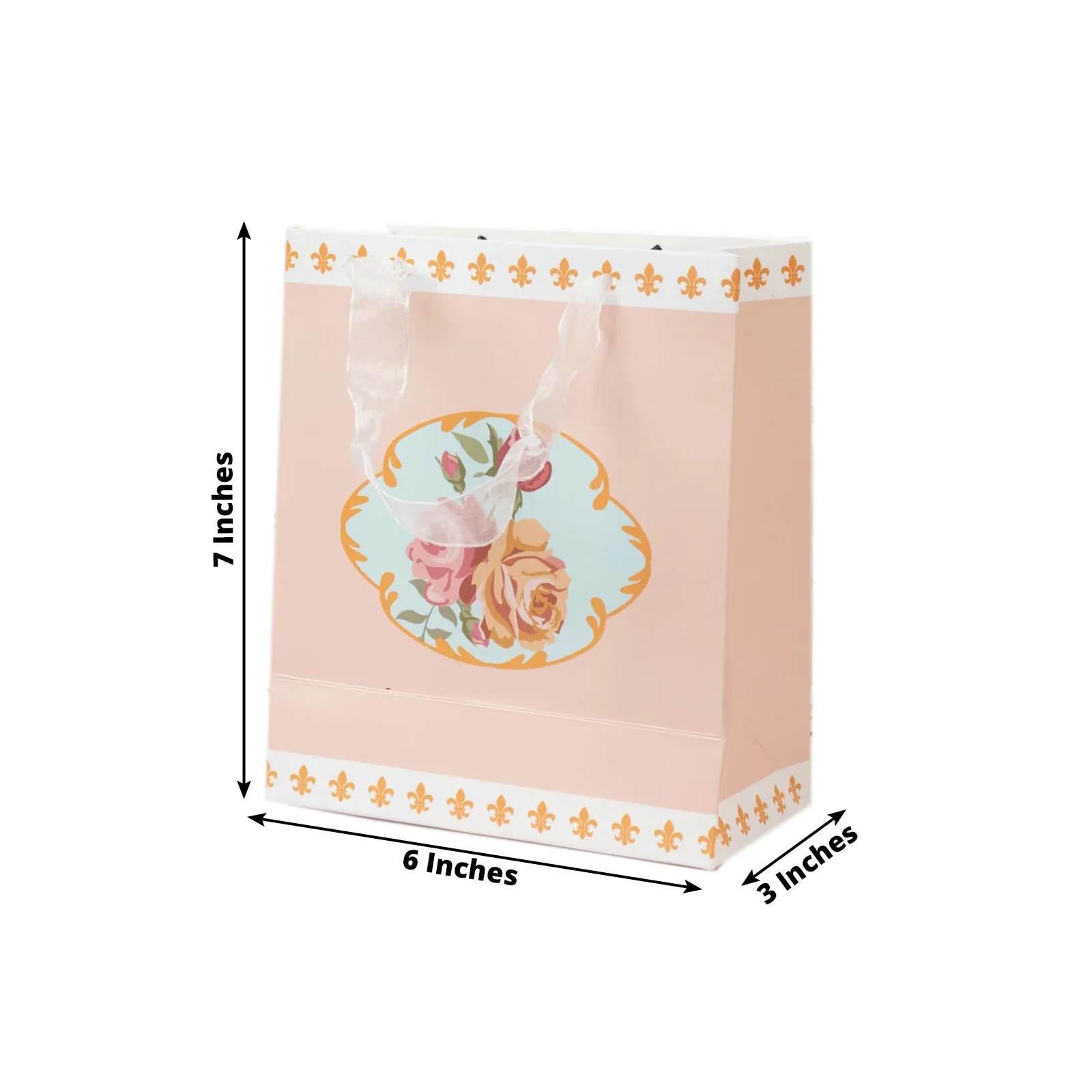 12-Pack Gift Bags Vintage Rose Floral Tea Party, Dusty Rose Paper Goodie Favor Bags with Ribbon Handles, 6"x7"x3" - Image 2