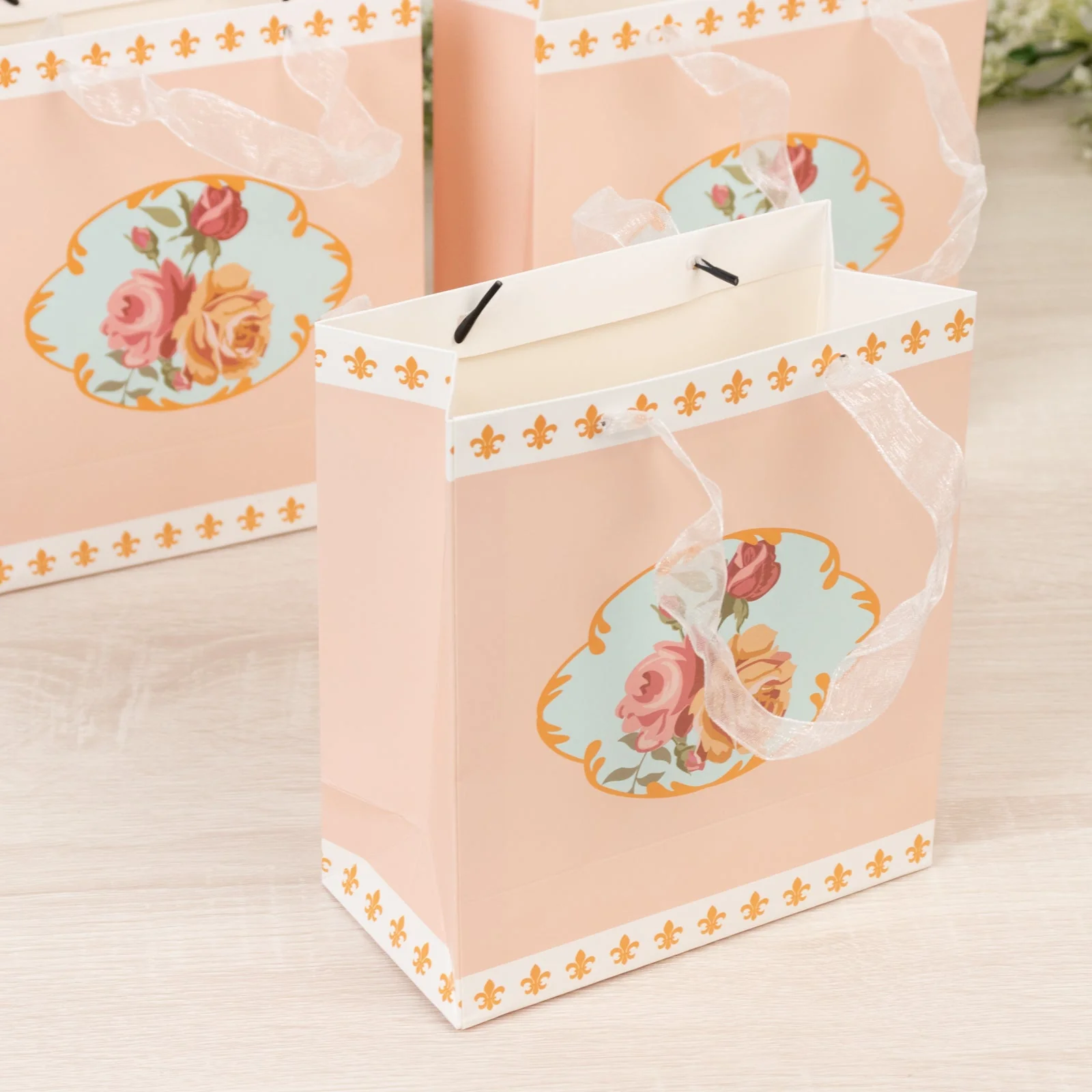 12-Pack Gift Bags Vintage Rose Floral Tea Party, Dusty Rose Paper Goodie Favor Bags with Ribbon Handles, 6"x7"x3" - Image 3