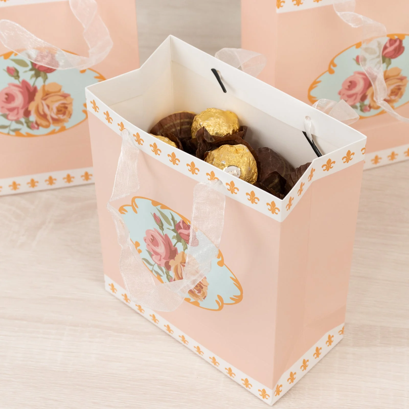 12-Pack Gift Bags Vintage Rose Floral Tea Party, Dusty Rose Paper Goodie Favor Bags with Ribbon Handles, 6"x7"x3" - Image 4