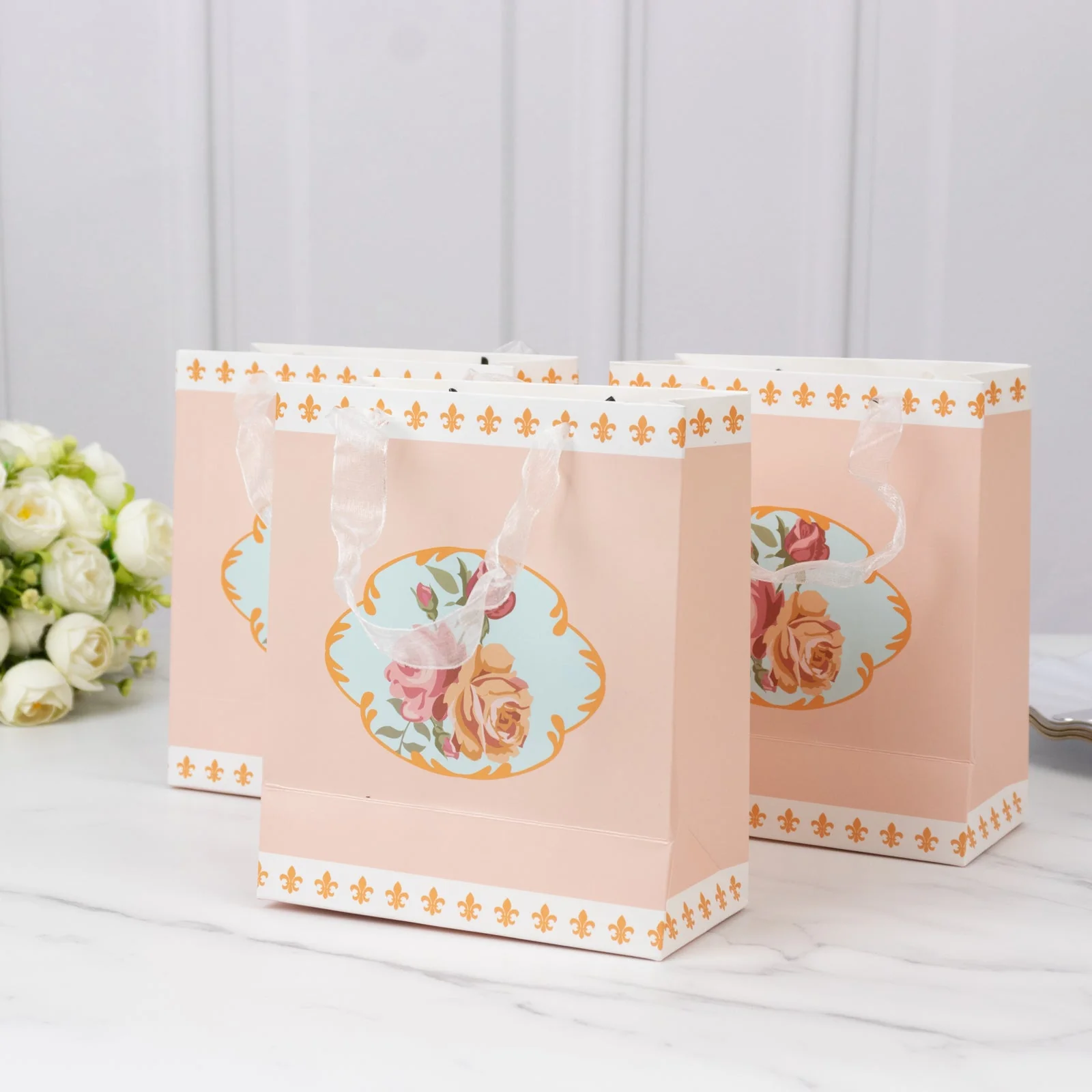 12-Pack Gift Bags Vintage Rose Floral Tea Party, Dusty Rose Paper Goodie Favor Bags with Ribbon Handles, 6"x7"x3" - Image 6
