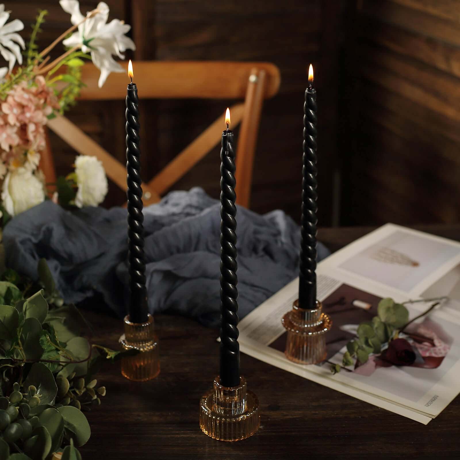 12-Pack Taper Candles 11" Spiral Long Burn Wick Design Black - Premium Unscented Wax Dinner Candle Sticks - Image 7