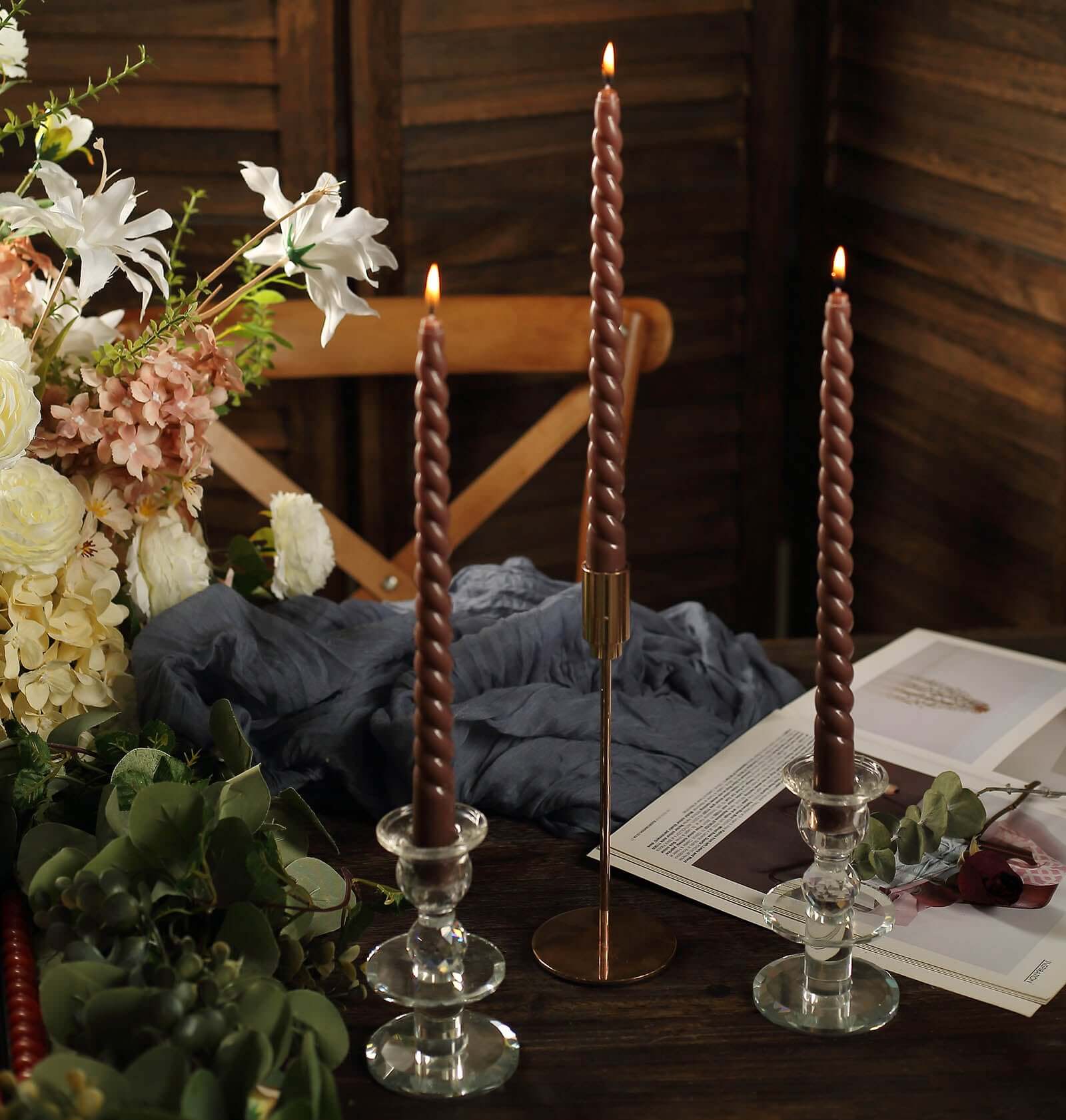 12-Pack Taper Candles 11" Spiral Long Burn Wick Design Mocha Brown - Premium Unscented Wax Dinner Candle Sticks - Image 2