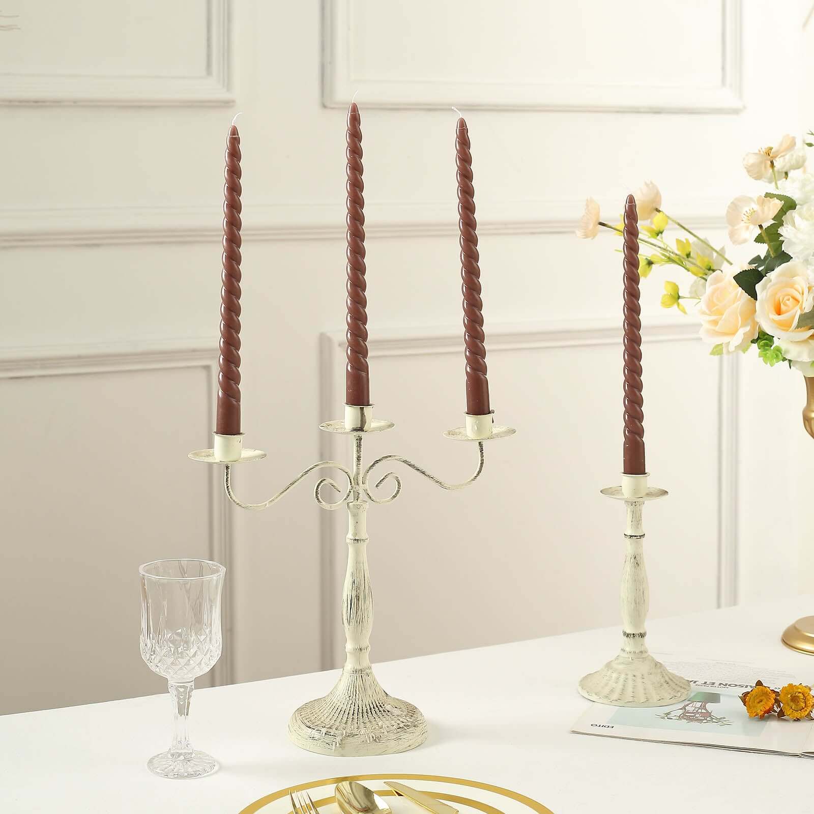 12-Pack Taper Candles 11" Spiral Long Burn Wick Design Mocha Brown - Premium Unscented Wax Dinner Candle Sticks - Image 6
