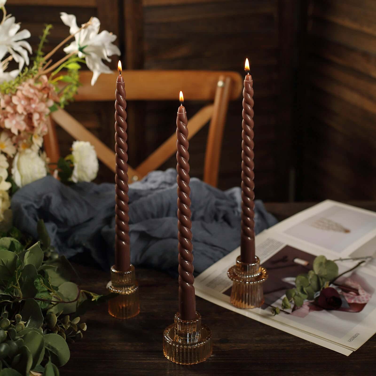 12-Pack Taper Candles 11" Spiral Long Burn Wick Design Mocha Brown - Premium Unscented Wax Dinner Candle Sticks - Image 7