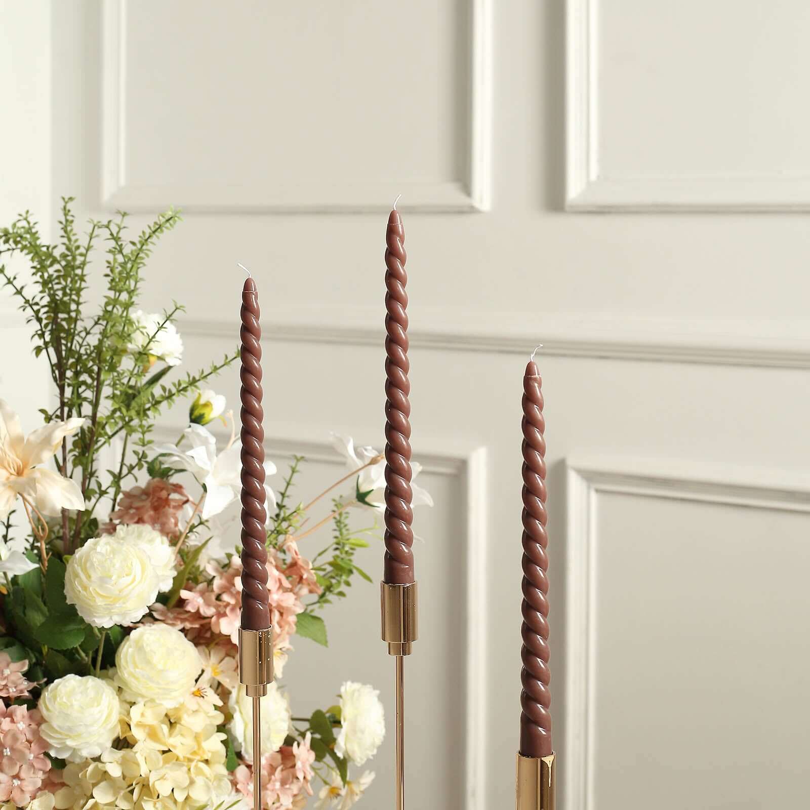 12-Pack Taper Candles 11" Spiral Long Burn Wick Design Mocha Brown - Premium Unscented Wax Dinner Candle Sticks - Image 8