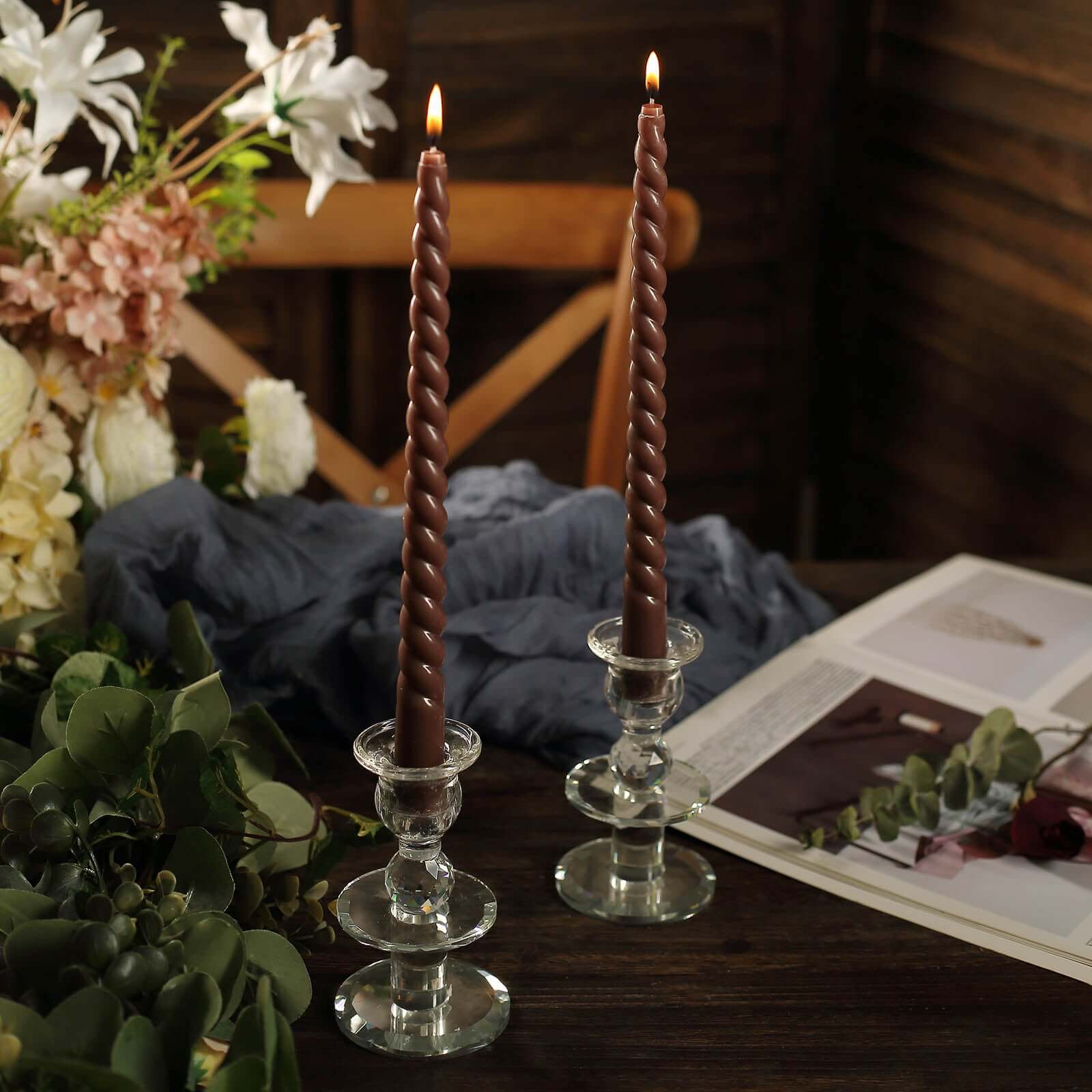 12-Pack Taper Candles 11" Spiral Long Burn Wick Design Mocha Brown - Premium Unscented Wax Dinner Candle Sticks - Image 9