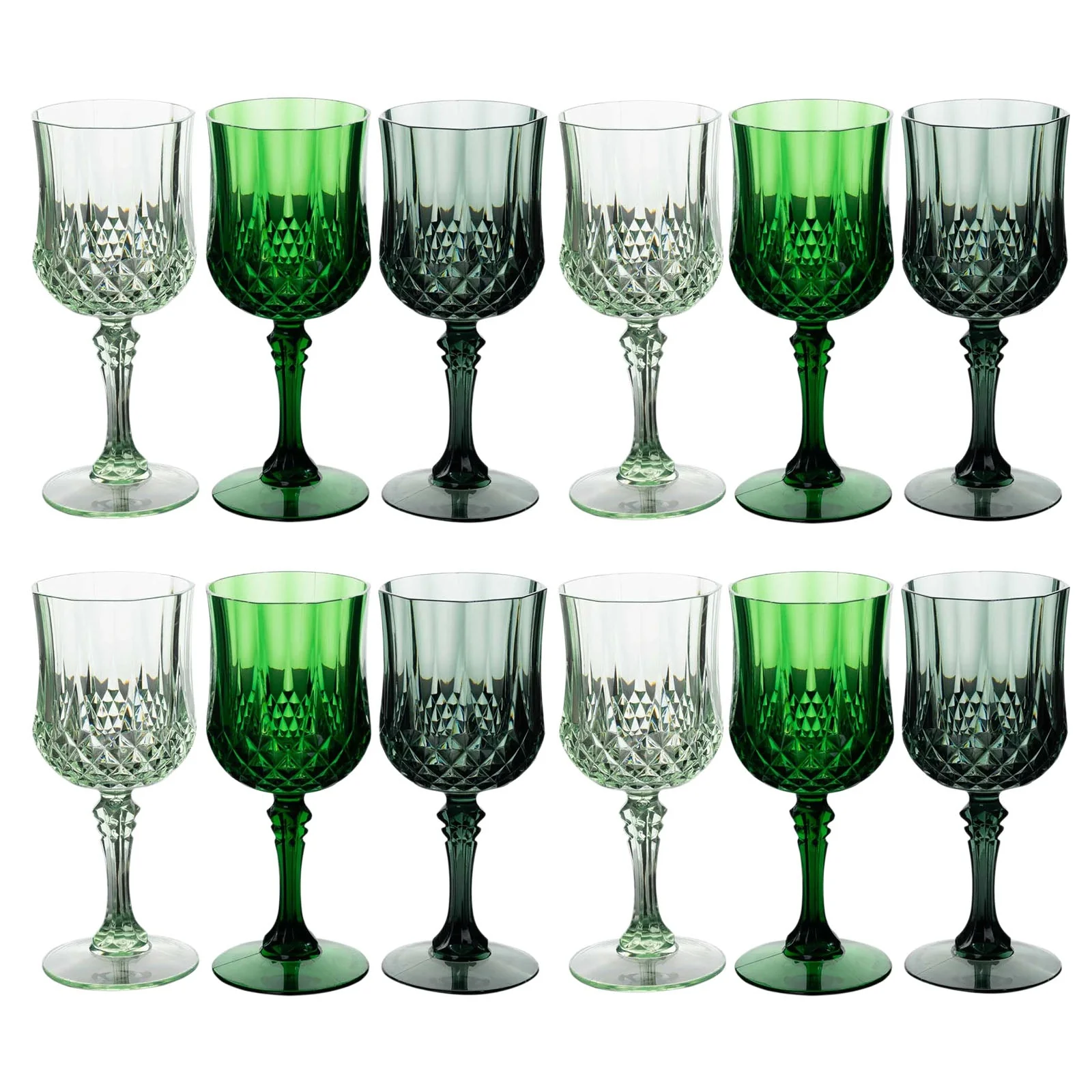 12-Pack Transparent Plastic Crystal Cut Wine Glasses 8oz, Assorted Green - Shatterproof Cocktail Goblets - Image 2