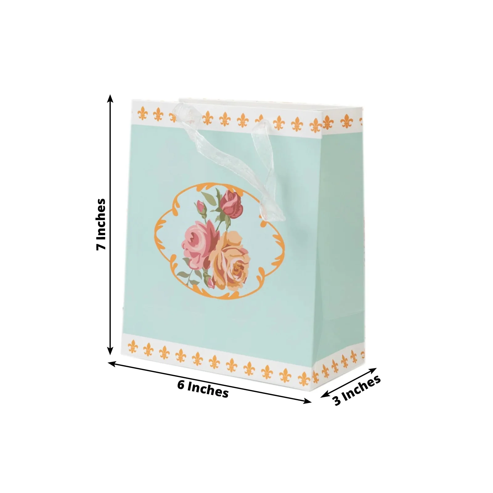 12-Pack Gift Bags Vintage Rose Floral Tea Party, Turquoise Paper Goodie Favor Bags with Ribbon Handles, 6"x7"x3" - Image 2