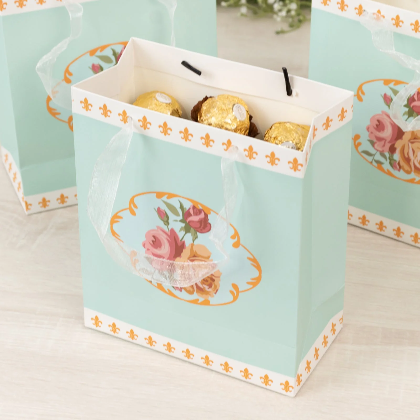 12-Pack Gift Bags Vintage Rose Floral Tea Party, Turquoise Paper Goodie Favor Bags with Ribbon Handles, 6"x7"x3" - Image 3