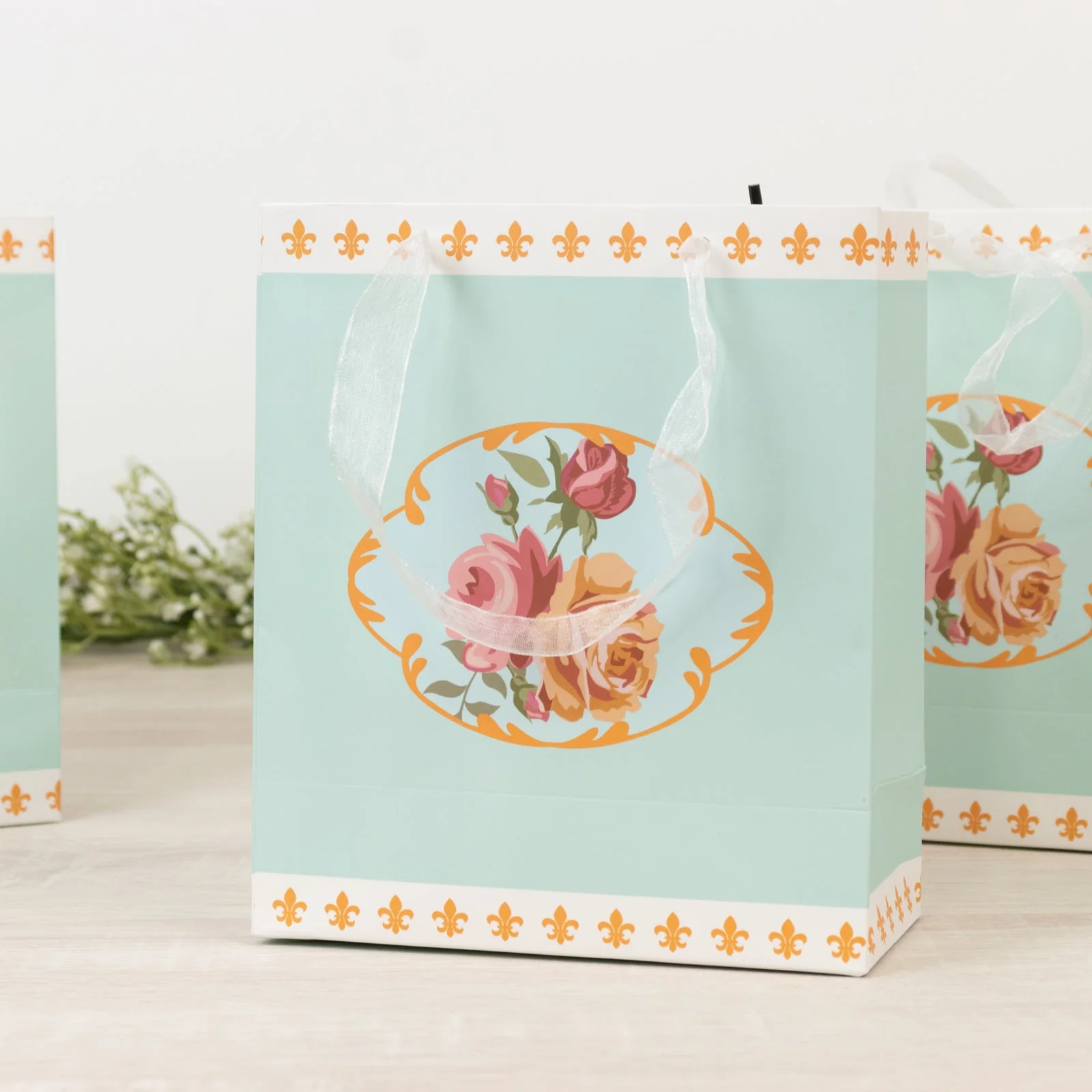 12-Pack Gift Bags Vintage Rose Floral Tea Party, Turquoise Paper Goodie Favor Bags with Ribbon Handles, 6"x7"x3" - Image 4