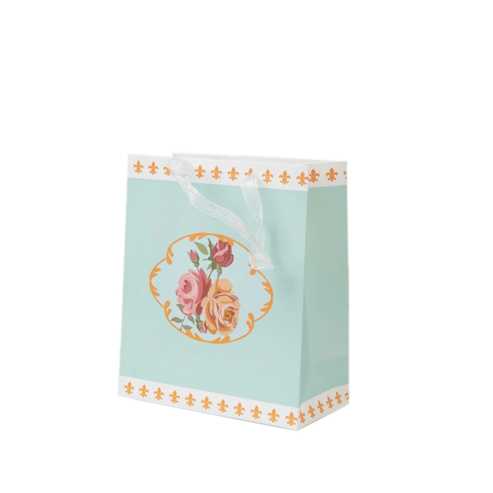 12-Pack Gift Bags Vintage Rose Floral Tea Party, Turquoise Paper Goodie Favor Bags with Ribbon Handles, 6"x7"x3" - Image 5