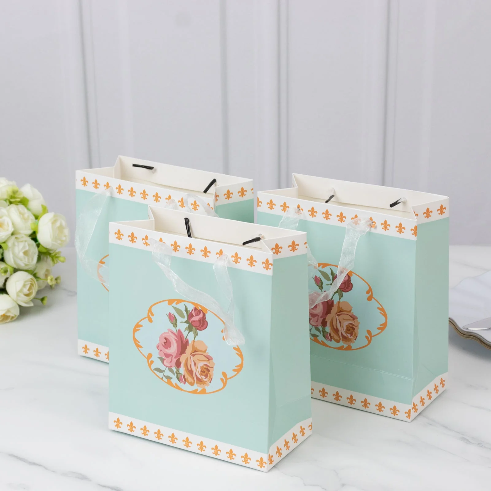 12-Pack Gift Bags Vintage Rose Floral Tea Party, Turquoise Paper Goodie Favor Bags with Ribbon Handles, 6"x7"x3" - Image 6