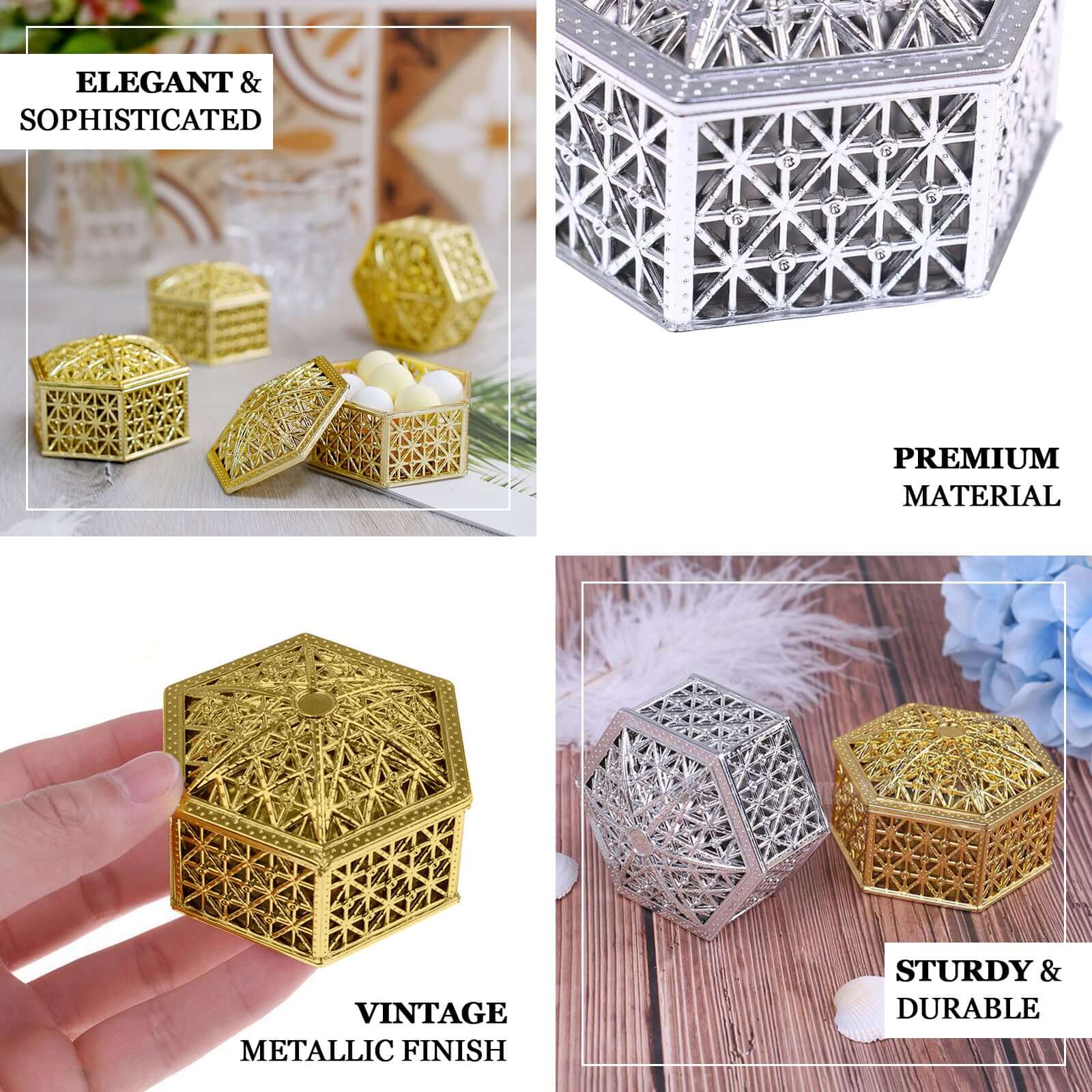 12-Pack Vintage Hexagon Gift Box Candy Containers 3" Gold - Hollow Party Favor Jewelry Boxes - Image 4
