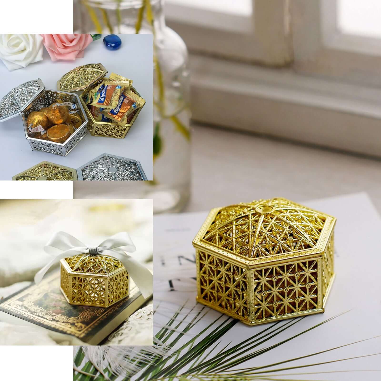 12-Pack Vintage Hexagon Gift Box Candy Containers 3" Gold - Hollow Party Favor Jewelry Boxes - Image 5