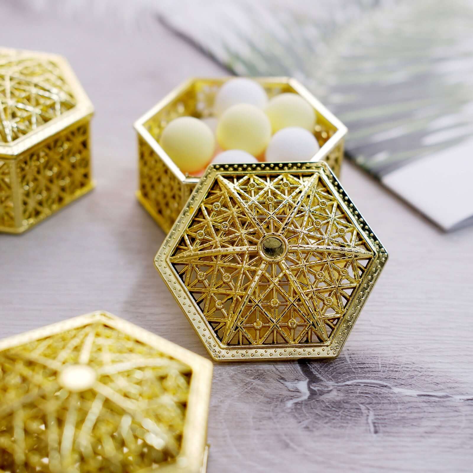 12-Pack Vintage Hexagon Gift Box Candy Containers 3" Gold - Hollow Party Favor Jewelry Boxes - Image 6