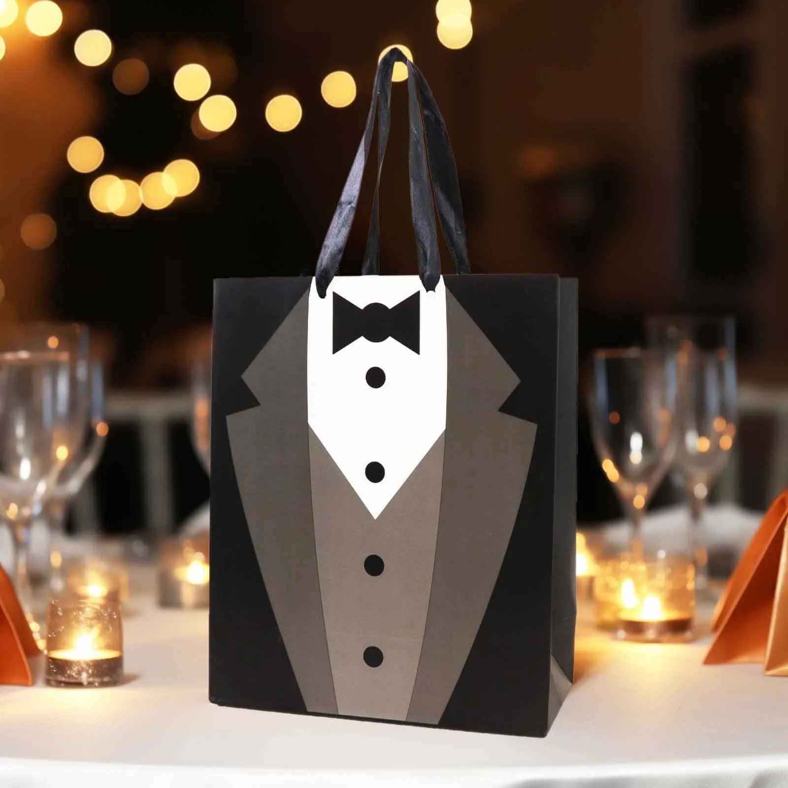 12 Pack White Black Tuxedo Paper Gift Tote Bags With Satin Handles, Wedding Party Favor Reusable Goodie Bags - 8"x9" - Image 2