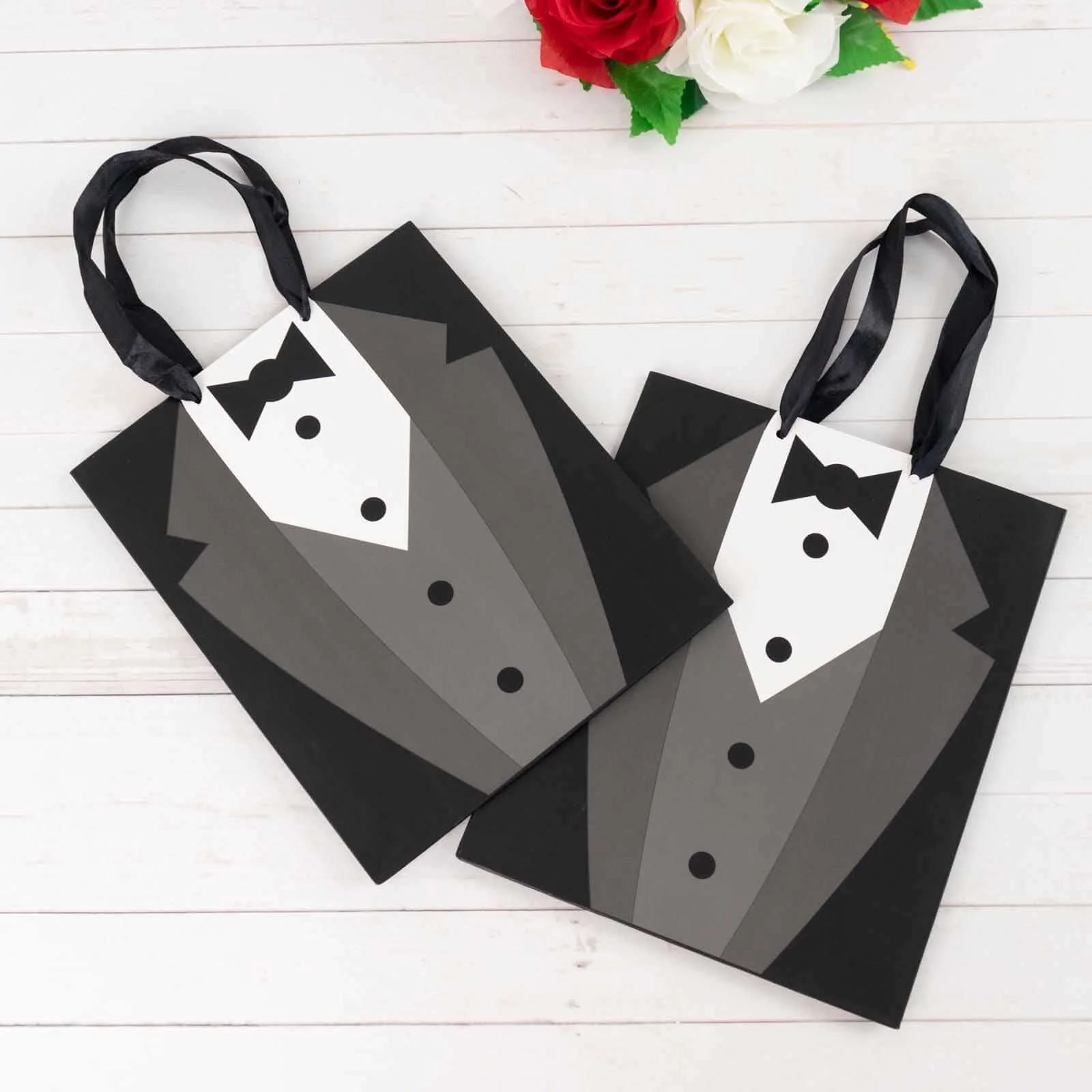 12 Pack White Black Tuxedo Paper Gift Tote Bags With Satin Handles, Wedding Party Favor Reusable Goodie Bags - 8"x9" - Image 8