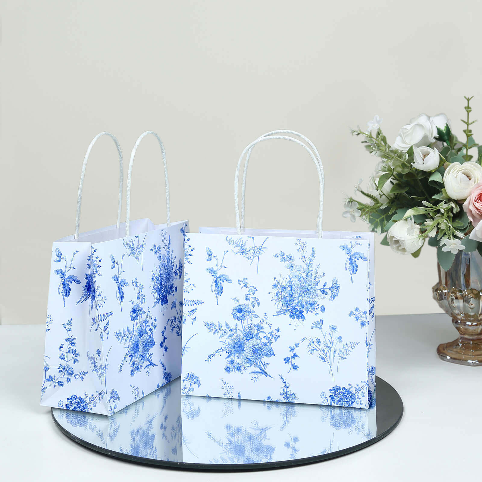 12 Pack White Blue French Toile Paper Gift Bags With Handles, Party Favor Goodie Bags - 6"x7" - Image 10