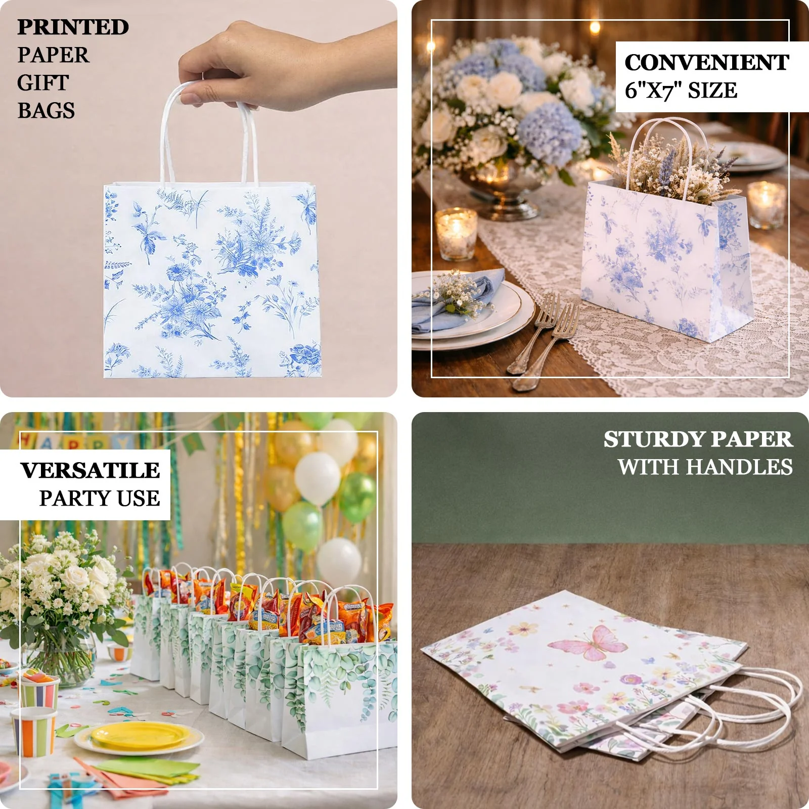12 Pack White Blue French Toile Paper Gift Bags With Handles, Party Favor Goodie Bags - 6"x7" - Image 4