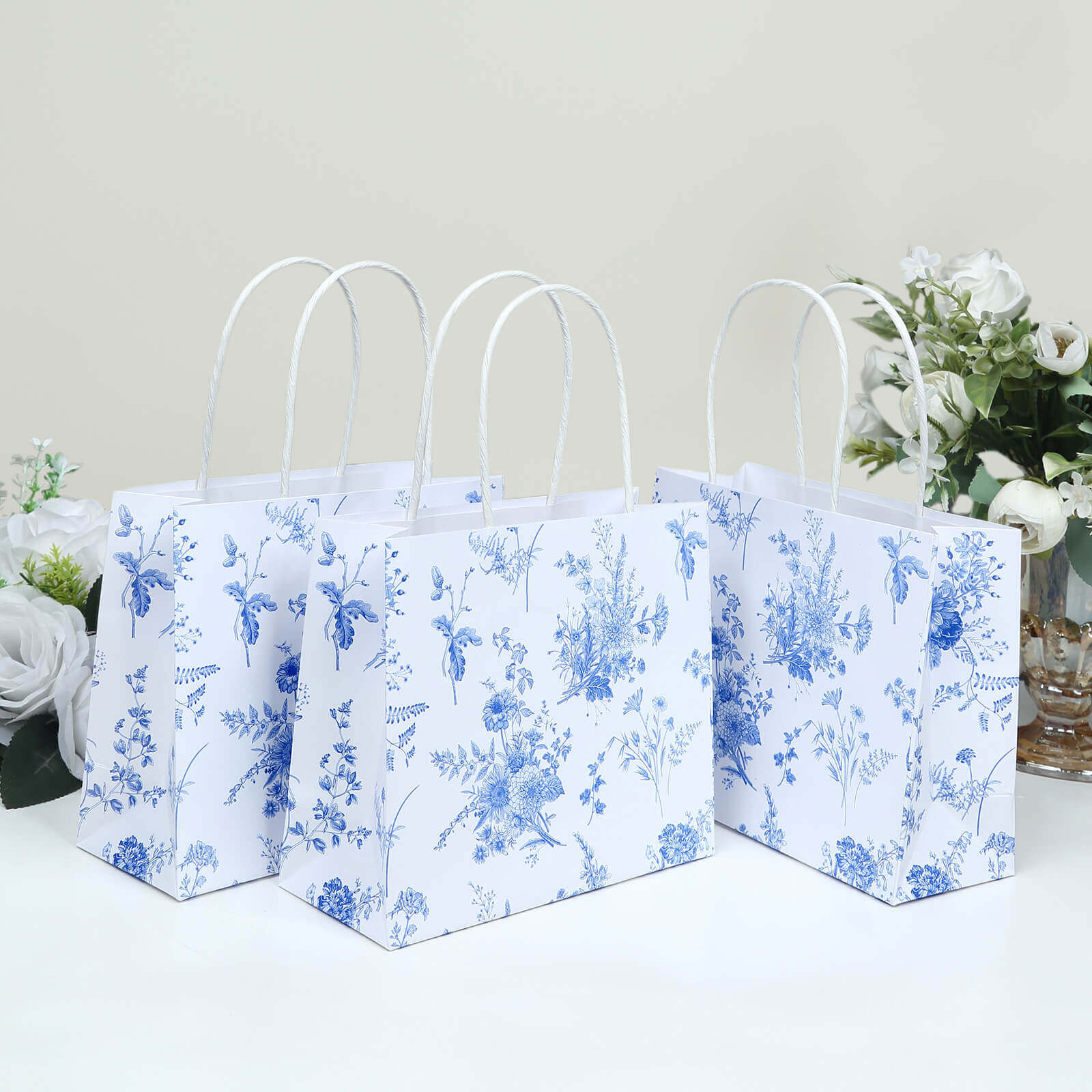 12 Pack White Blue French Toile Paper Gift Bags With Handles, Party Favor Goodie Bags - 6"x7" - Image 6