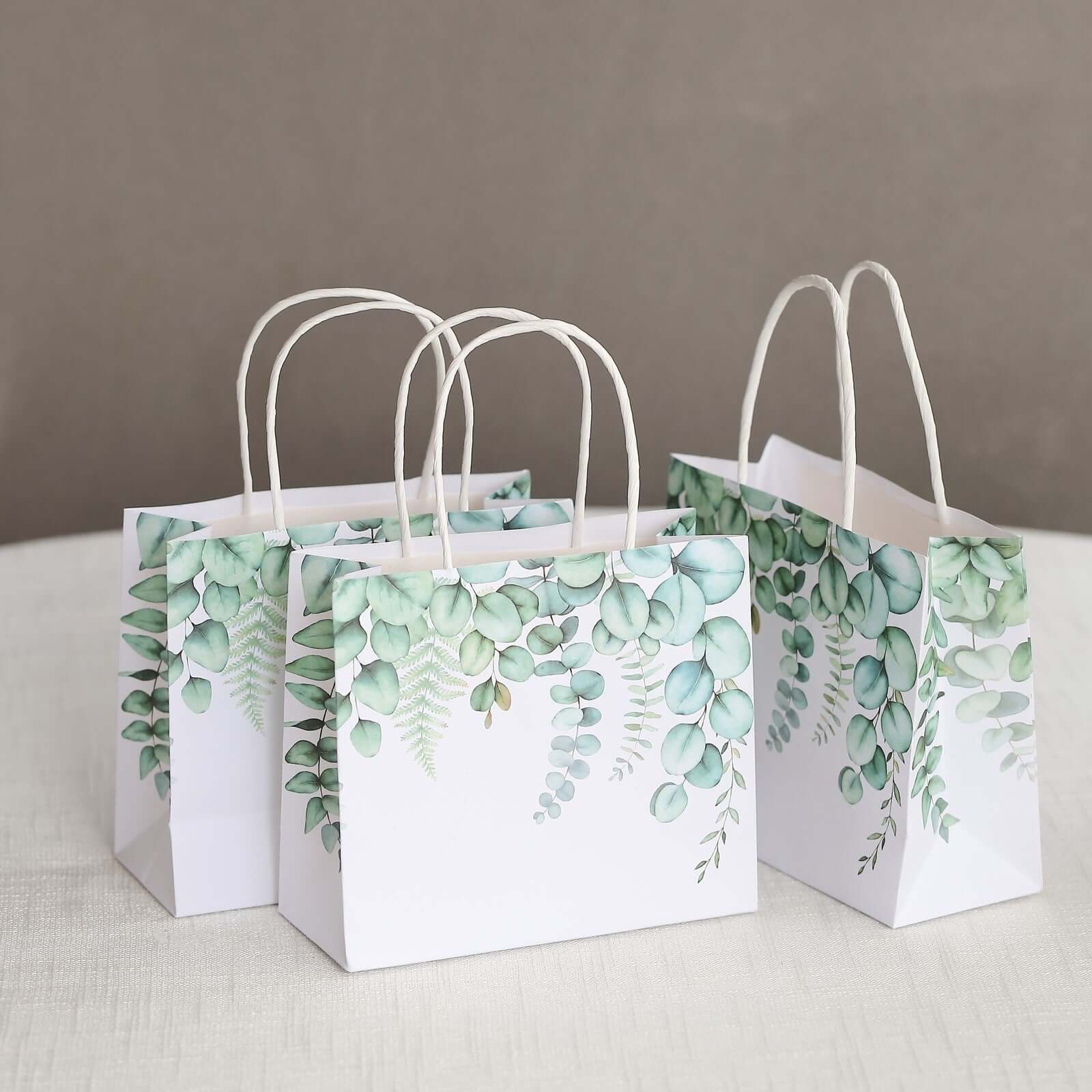 12 Pack White Green Eucalyptus Leaves Paper Gift Bags With Handles, Party Favor Goodie Bags - 6"x7" - Image 10