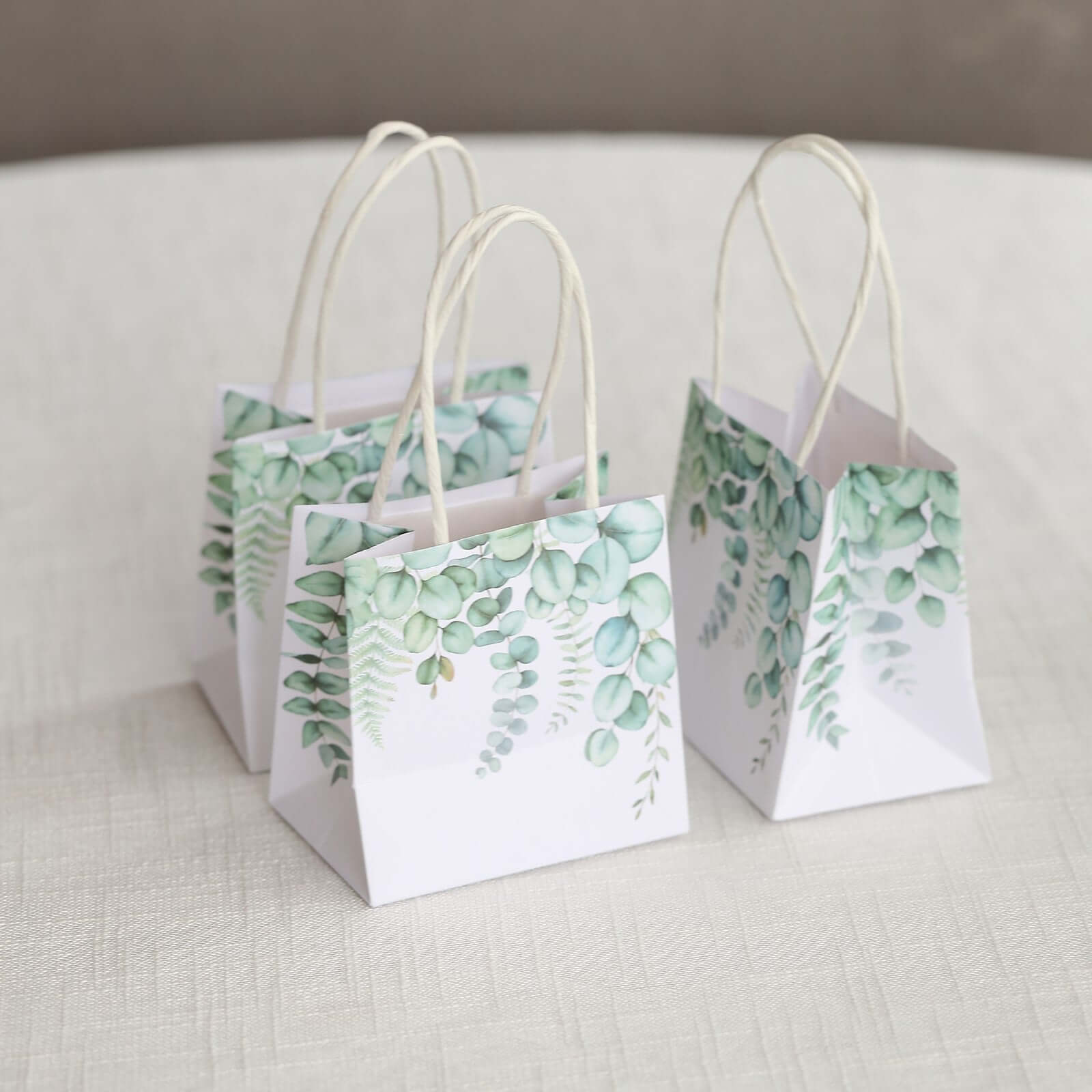 12 Pack White Green Eucalyptus Leaves Paper Gift Bags With Handles, Small Party Favor Goodie Bags - 4"x4" - Image 2