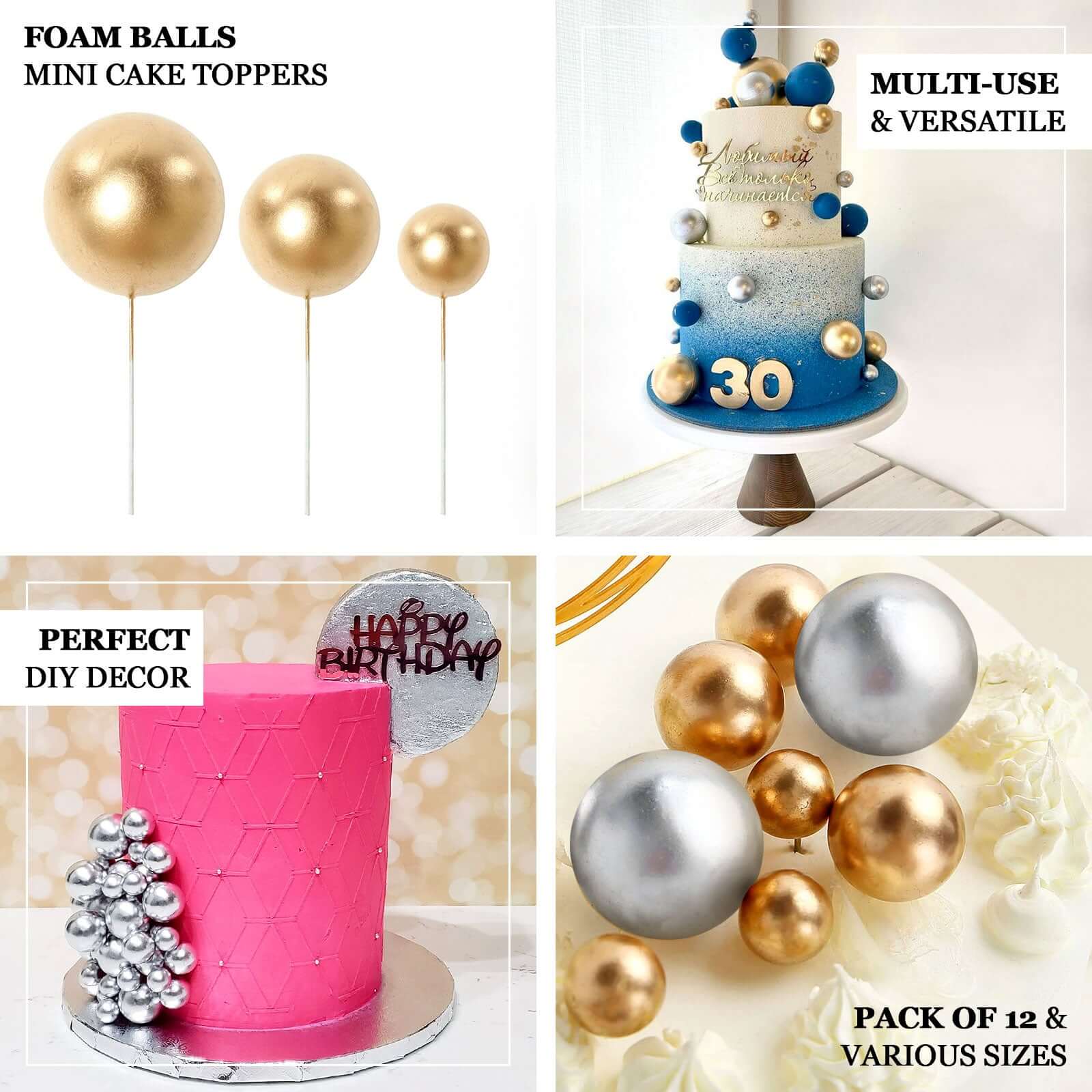 12 Pcs Cake Topper Picks Gold Faux Pearl Ball Design - Foam Balloon DIY Cupcake Decor Supplies Assorted Sizes - Image 4