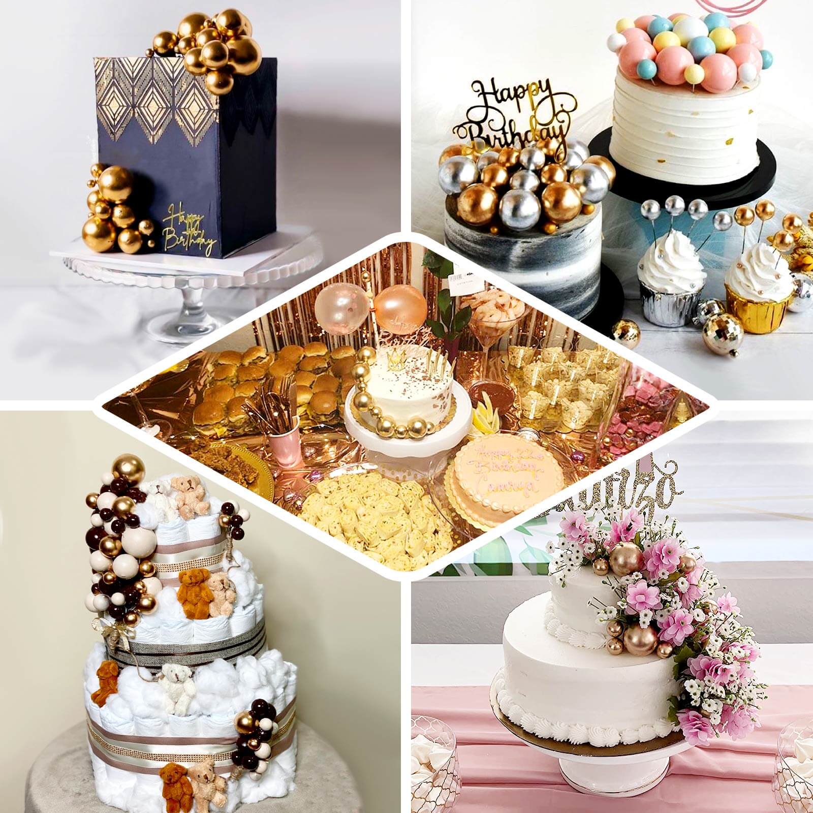 12 Pcs Cake Topper Picks Gold Faux Pearl Ball Design - Foam Balloon DIY Cupcake Decor Supplies Assorted Sizes - Image 5
