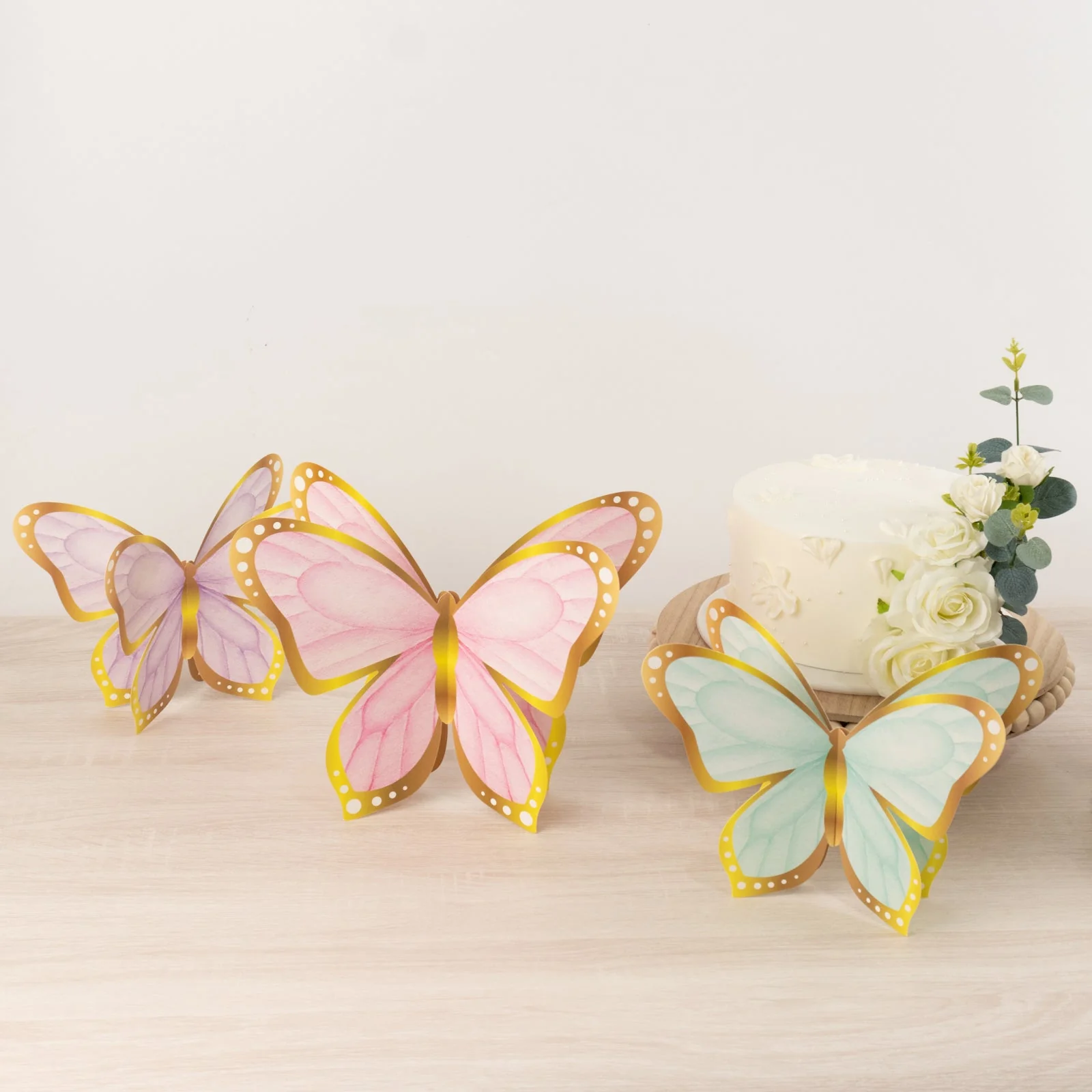 12 Pcs Cardstock Paper 3D Butterfly Table Centerpieces 10", 12", Pastel Color Metallic Gold Foil Accents - Party Decorations with Free-Standing Design - Image 5