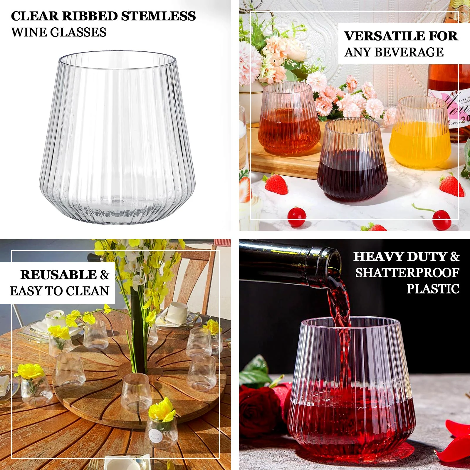 12-Pack Plastic Stemless Wine Glasses – 12oz Clear Ribbed Design, Reusable Shatterproof Cocktail Tumblers - Image 4