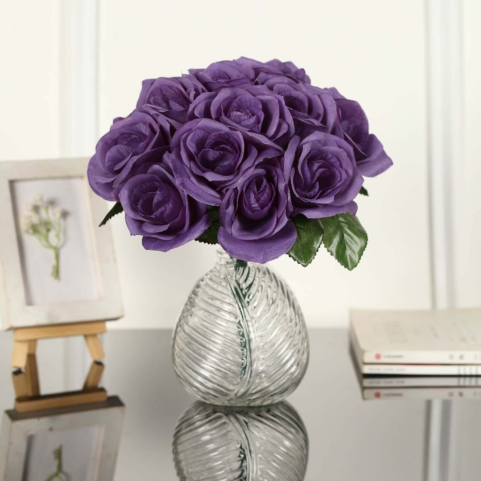 Purple Artificial Velvet-Like Fabric Rose Flower Bouquet Bush 12" - Image 7