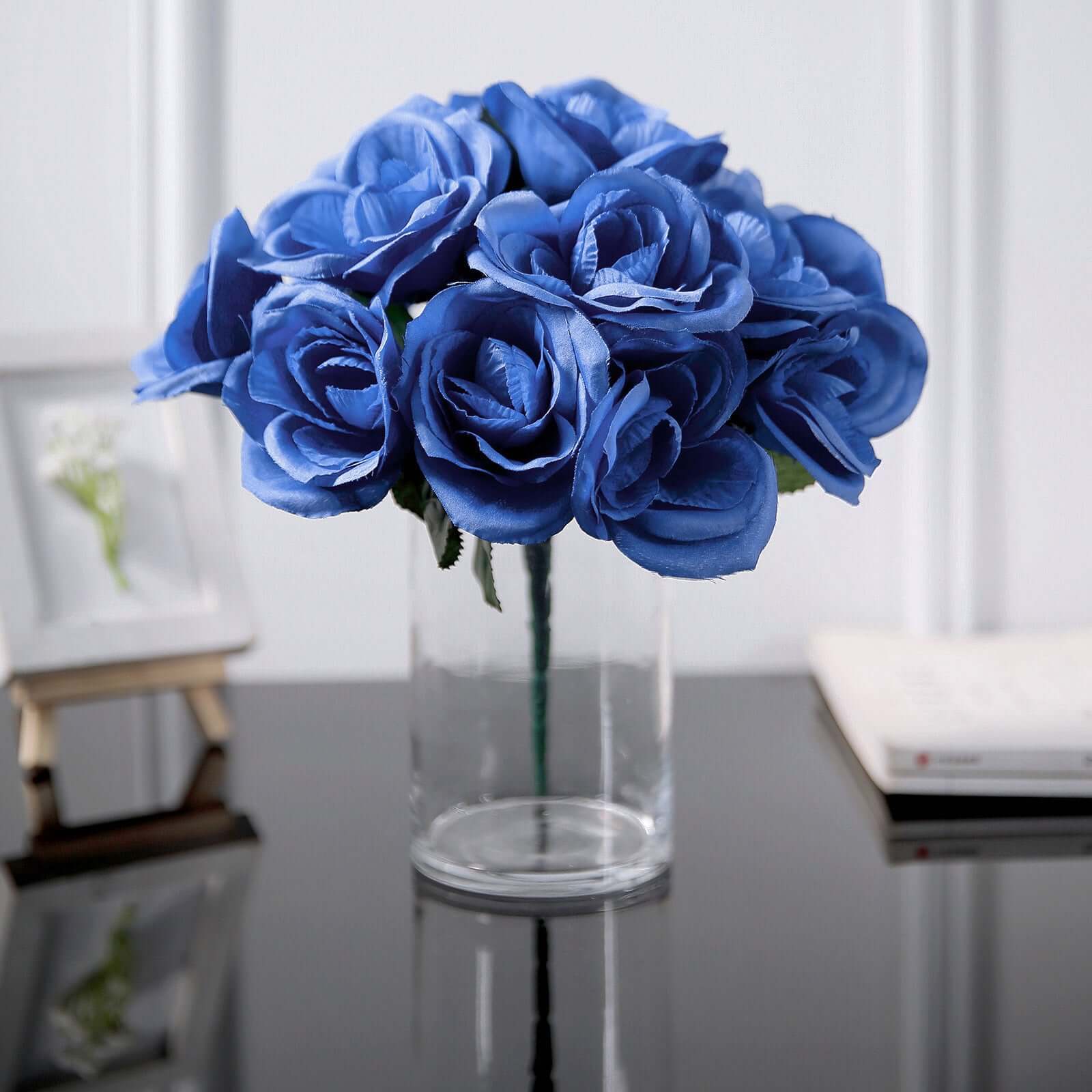Royal Blue Artificial Velvet-Like Fabric Rose Flower Bouquet Bush 12" - Image 7
