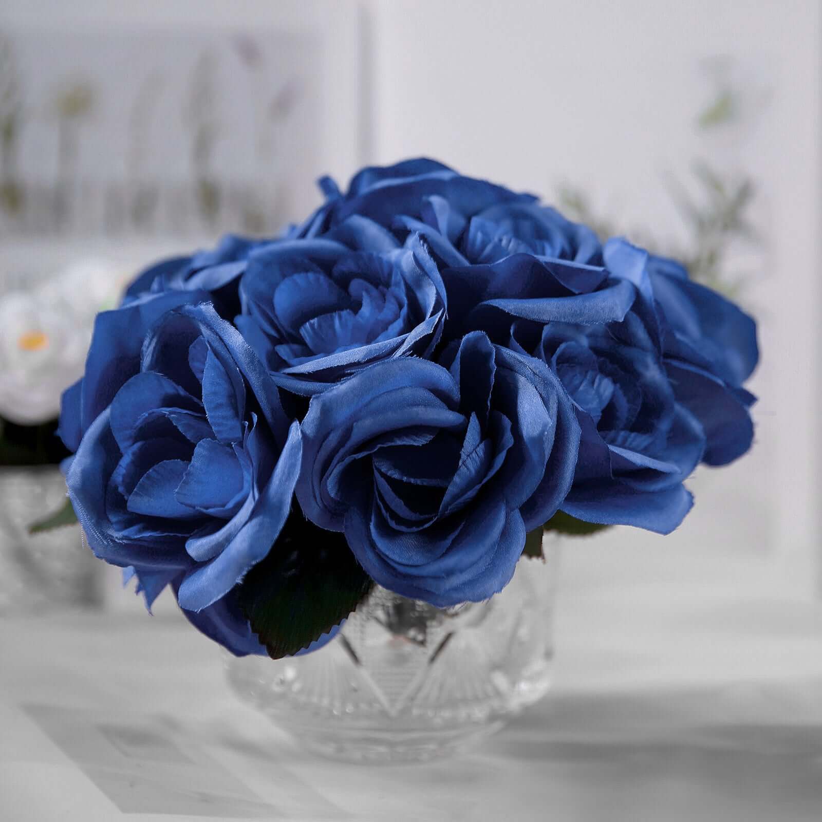 Royal Blue Artificial Velvet-Like Fabric Rose Flower Bouquet Bush 12" - Image 9