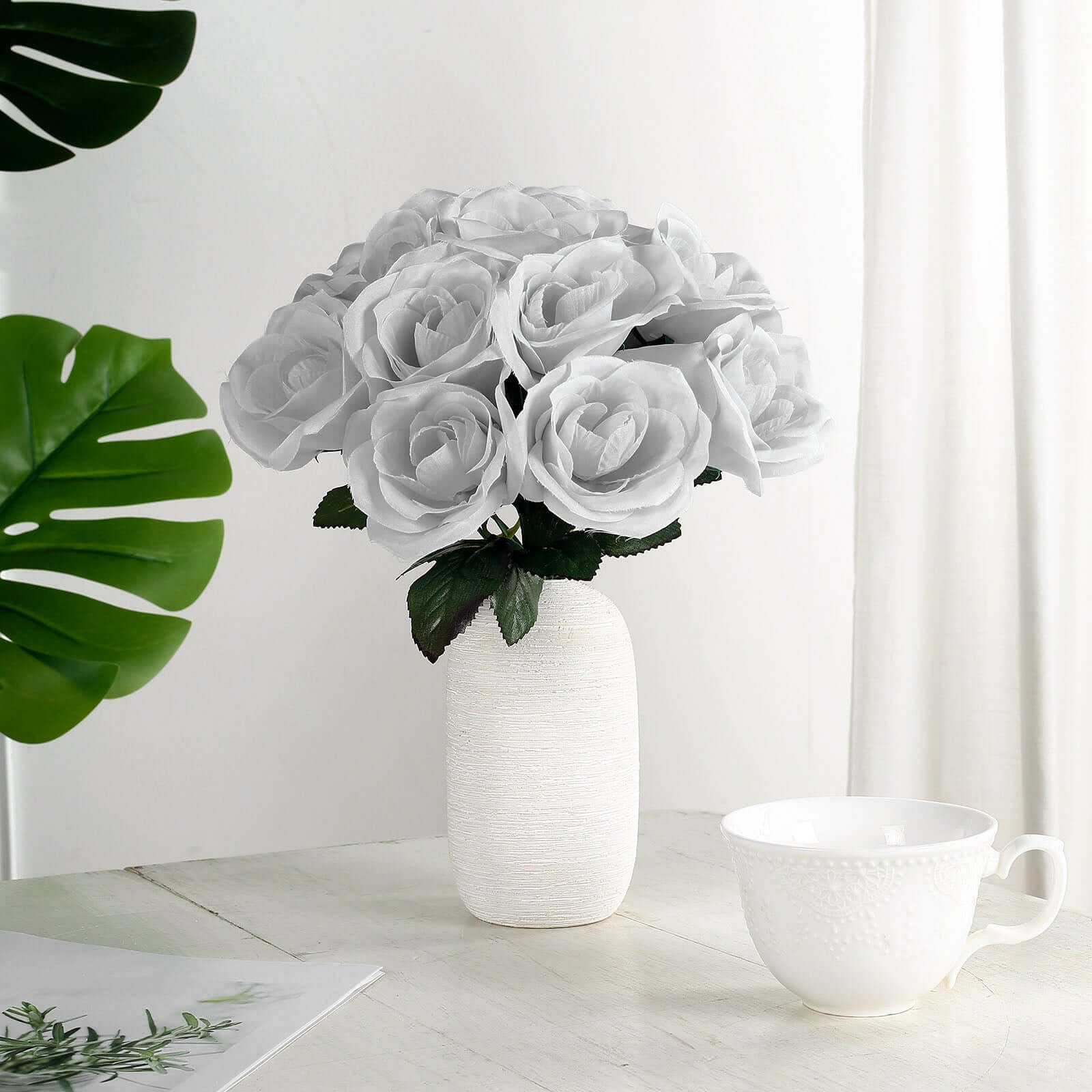 Silver Artificial Velvet-Like Fabric Rose Flower Bouquet Bush 12"