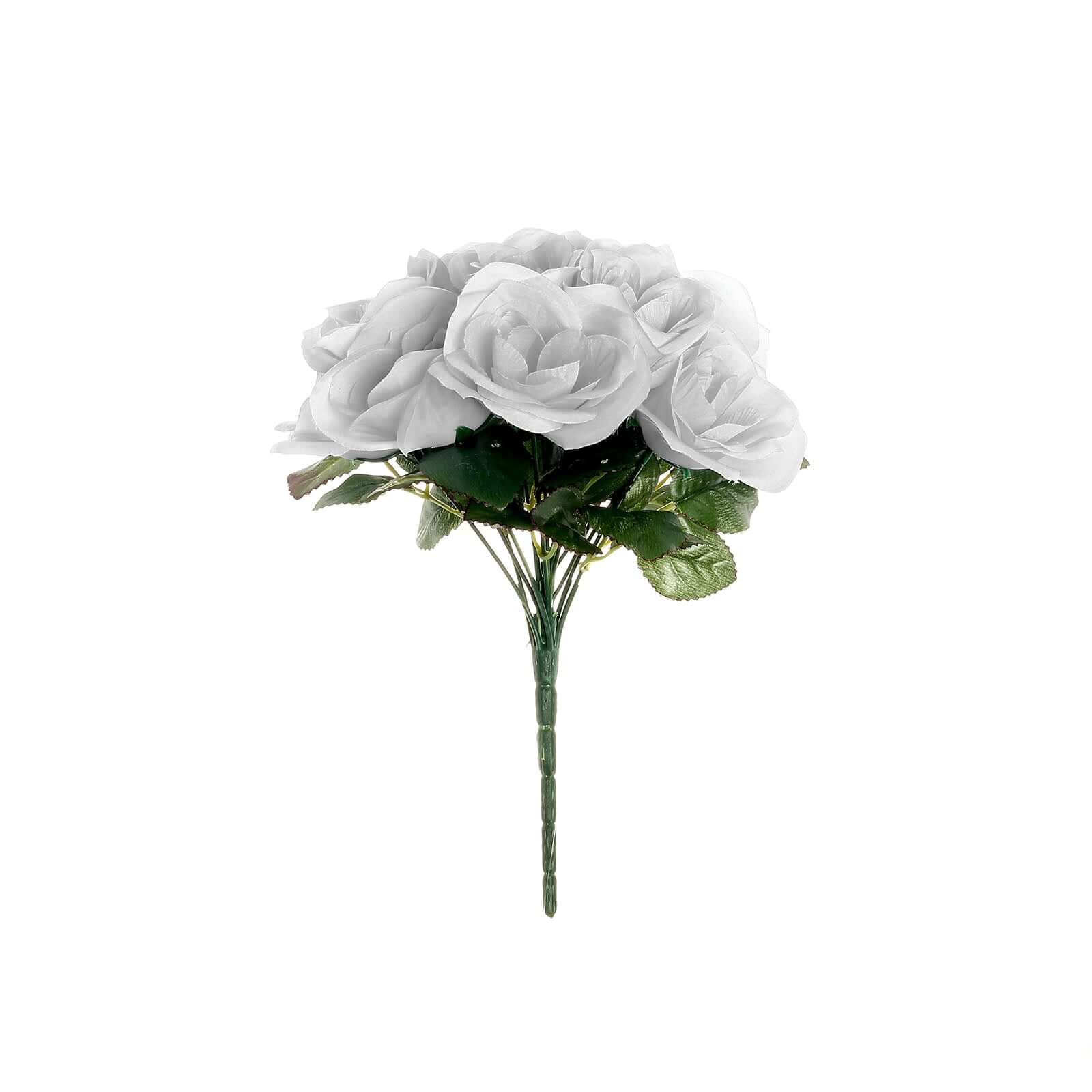 Silver Artificial Velvet-Like Fabric Rose Flower Bouquet Bush 12" - Image 6