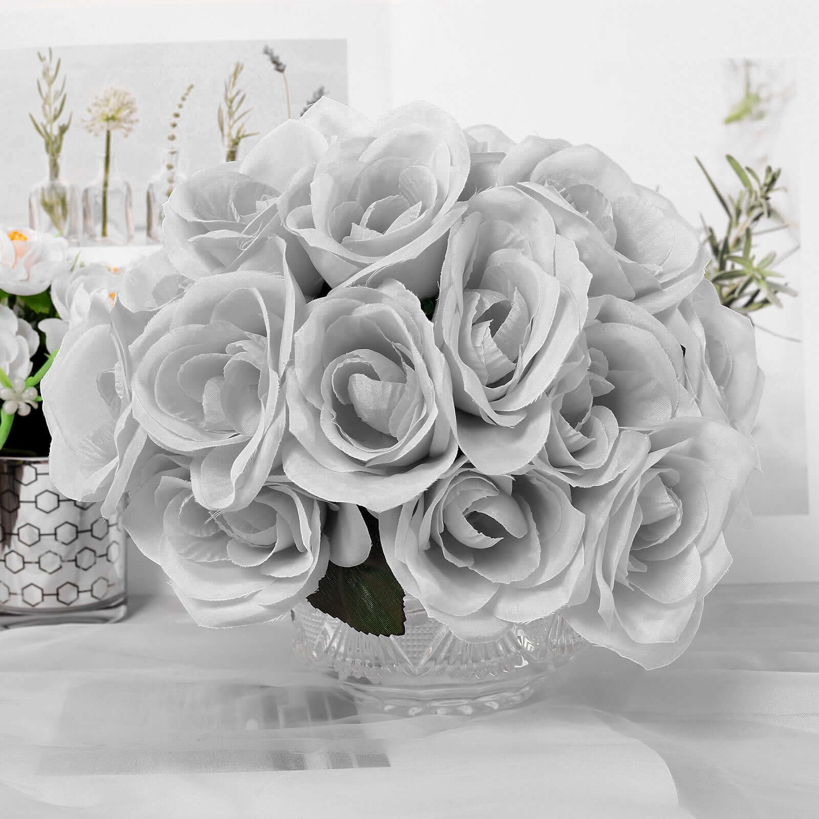 Silver Artificial Velvet-Like Fabric Rose Flower Bouquet Bush 12" - Image 8