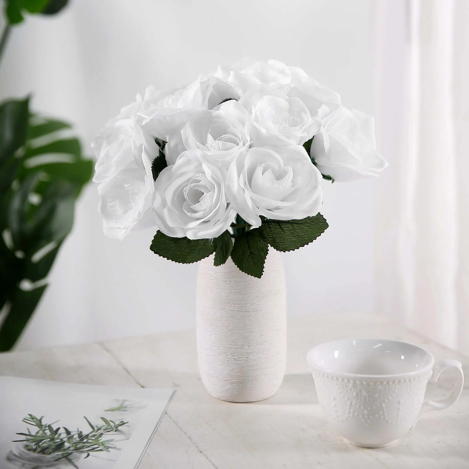 White Artificial Velvet-Like Fabric Rose Flower Bouquet Bush 12"