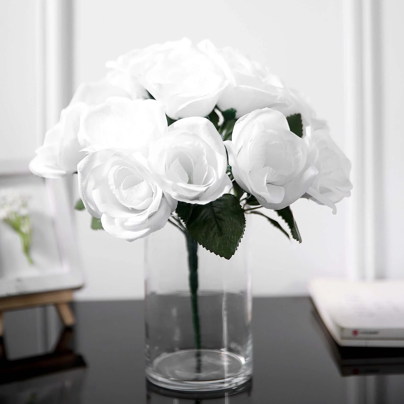 White Artificial Velvet-Like Fabric Rose Flower Bouquet Bush 12" - Image 6